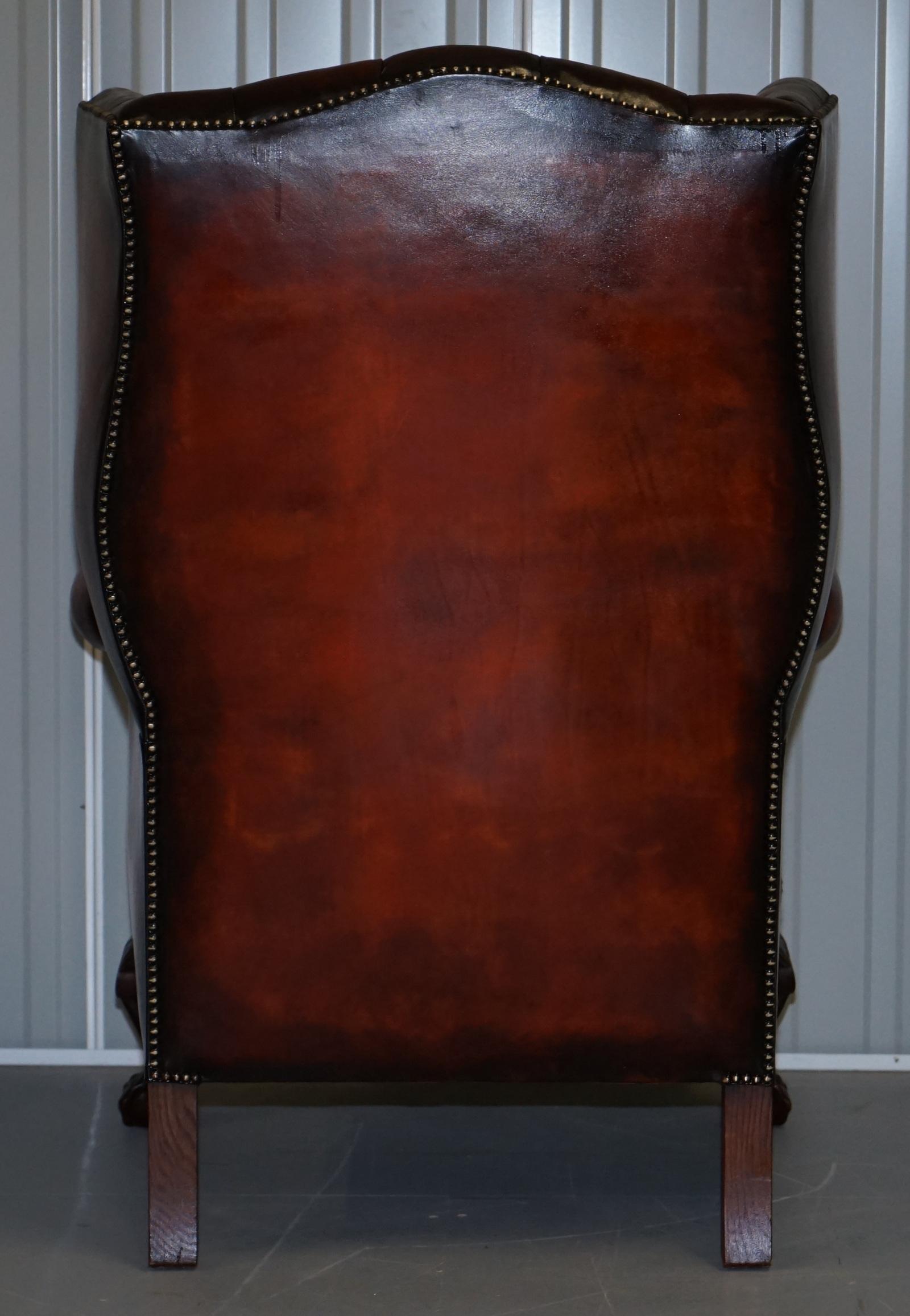 Pair of Huge Georgian Chesterfield Brown Leather Wingback Armchairs Claw & Ball 7