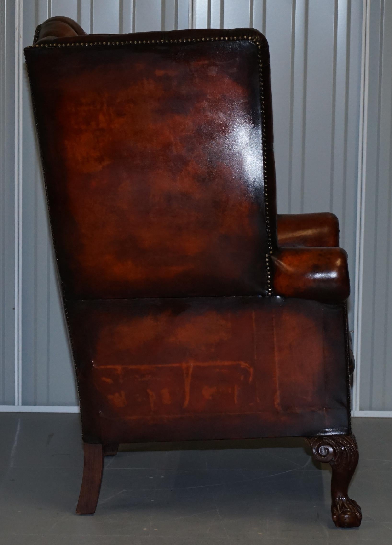 Pair of Huge Georgian Chesterfield Brown Leather Wingback Armchairs Claw & Ball 9