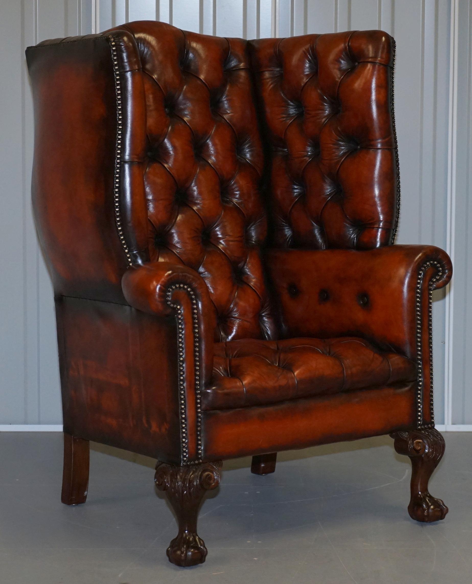 Pair of Huge Georgian Chesterfield Brown Leather Wingback Armchairs Claw & Ball 10