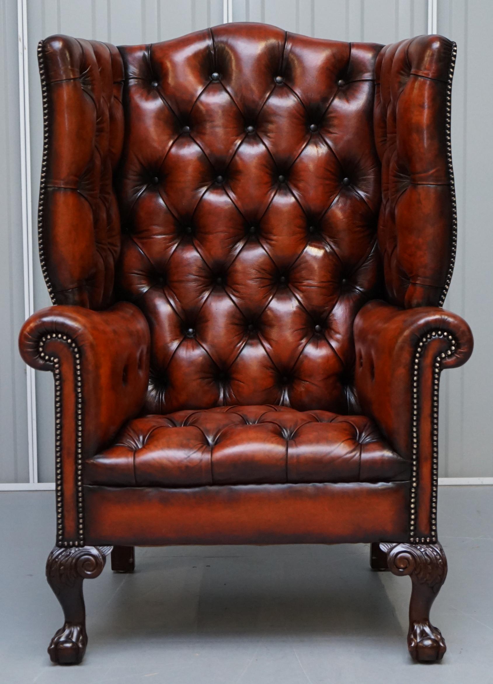 Pair of Huge Georgian Chesterfield Brown Leather Wingback Armchairs Claw & Ball 11