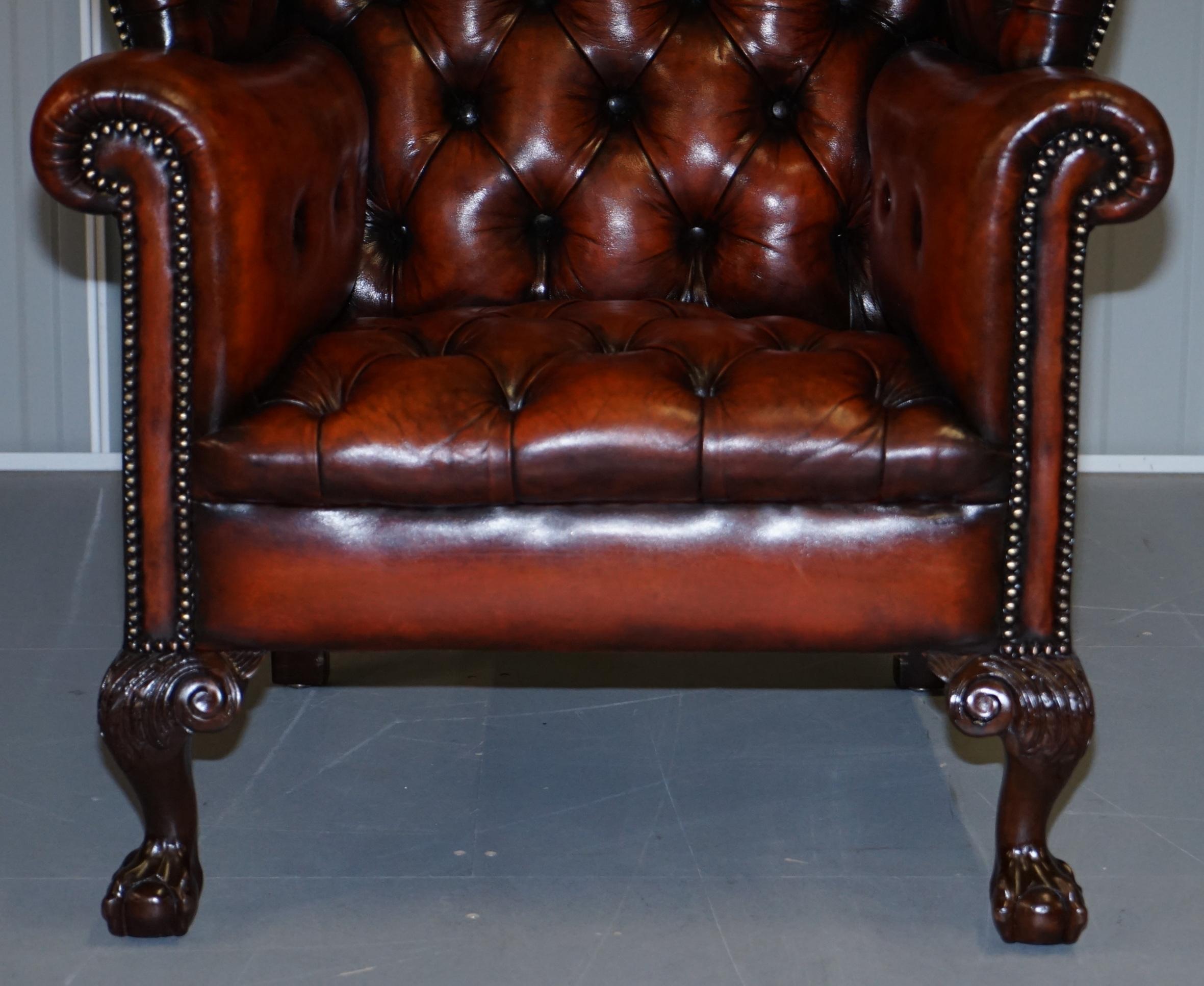 Pair of Huge Georgian Chesterfield Brown Leather Wingback Armchairs Claw & Ball 12