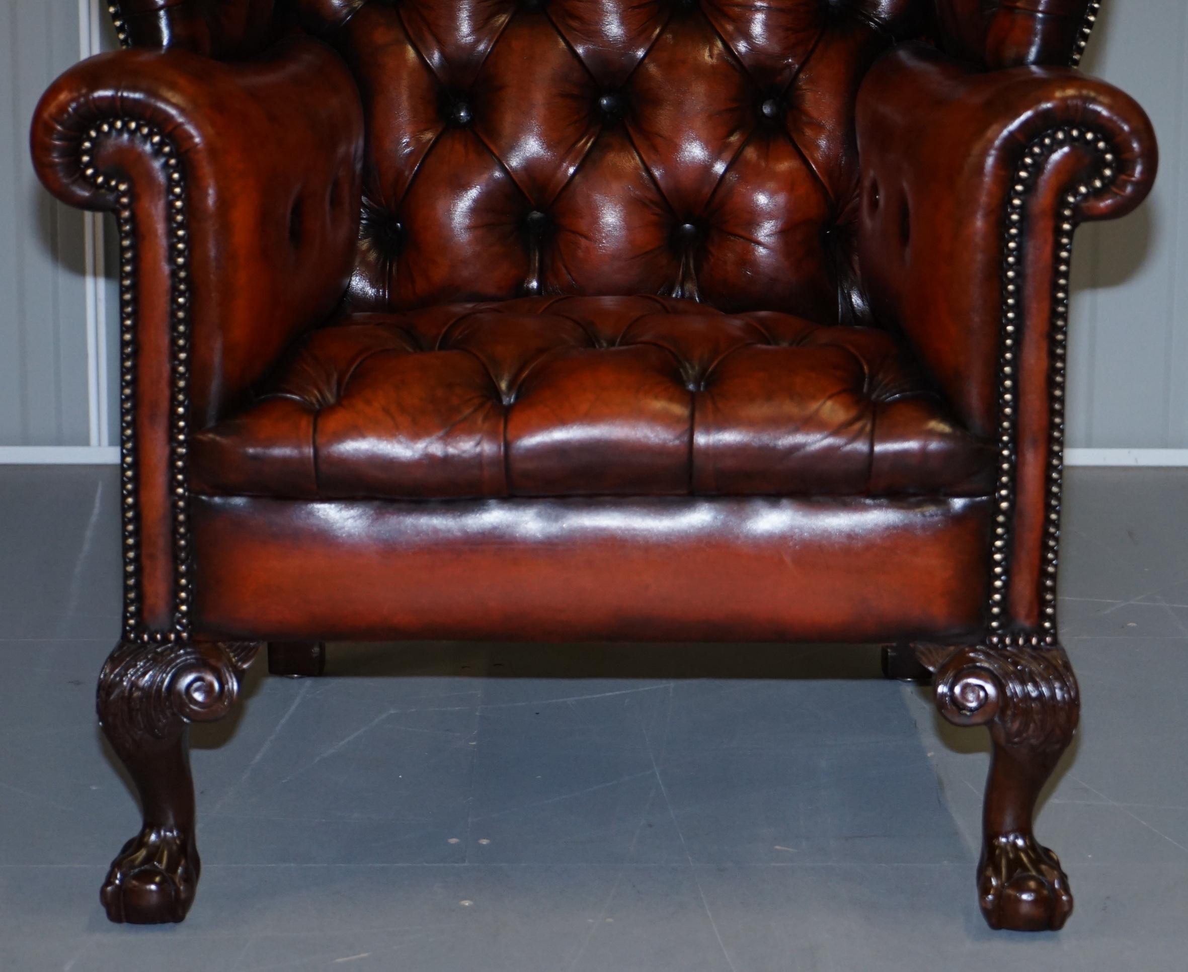 Pair of Huge Georgian Chesterfield Brown Leather Wingback Armchairs Claw & Ball 11