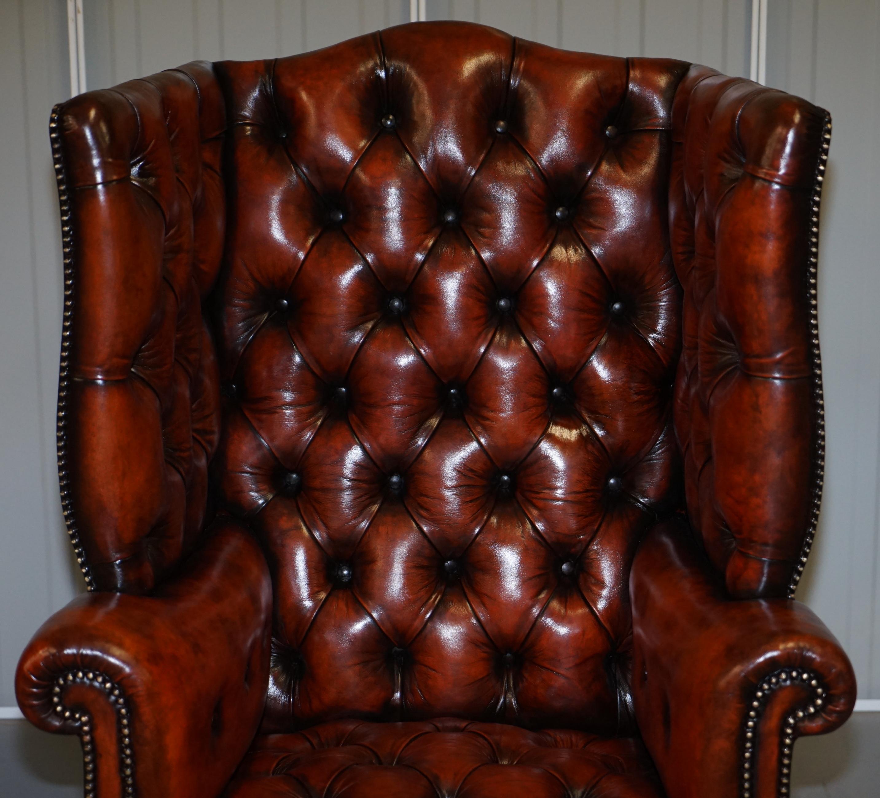 Pair of Huge Georgian Chesterfield Brown Leather Wingback Armchairs Claw & Ball 14