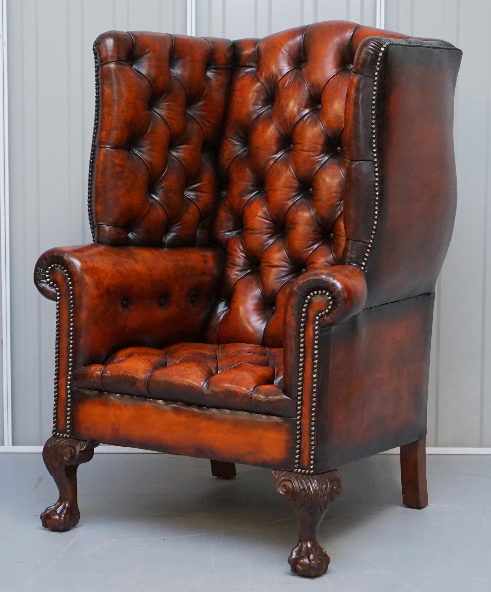 We are delighted to offer for sale this stunning pair of huge fully restored Whisky brown hand-dyed leather Georgian porters armchair

A very good looking and beautifully restored pair. These are original Georgian circa 1800, they have hand carved