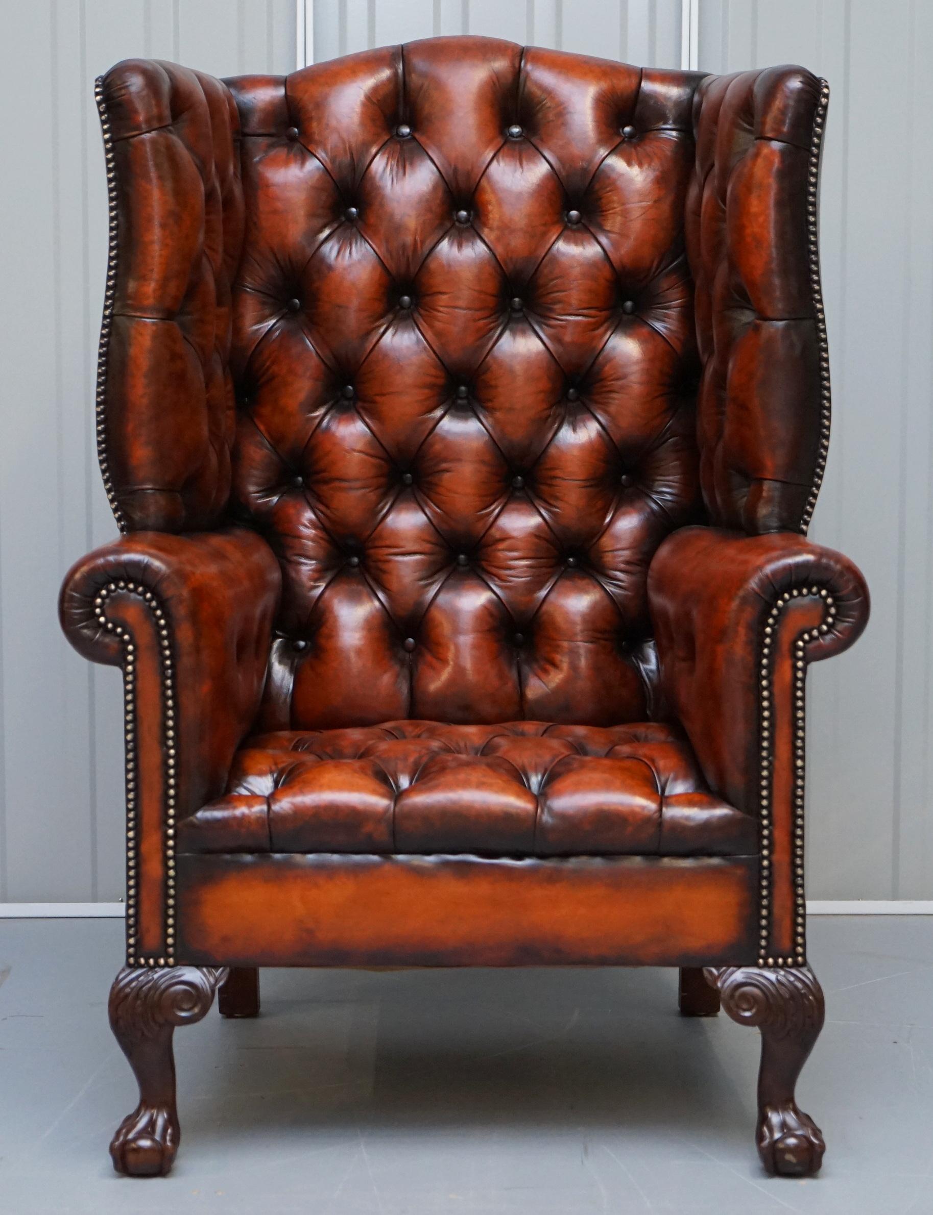 English Pair of Huge Georgian Chesterfield Brown Leather Wingback Armchairs Claw & Ball