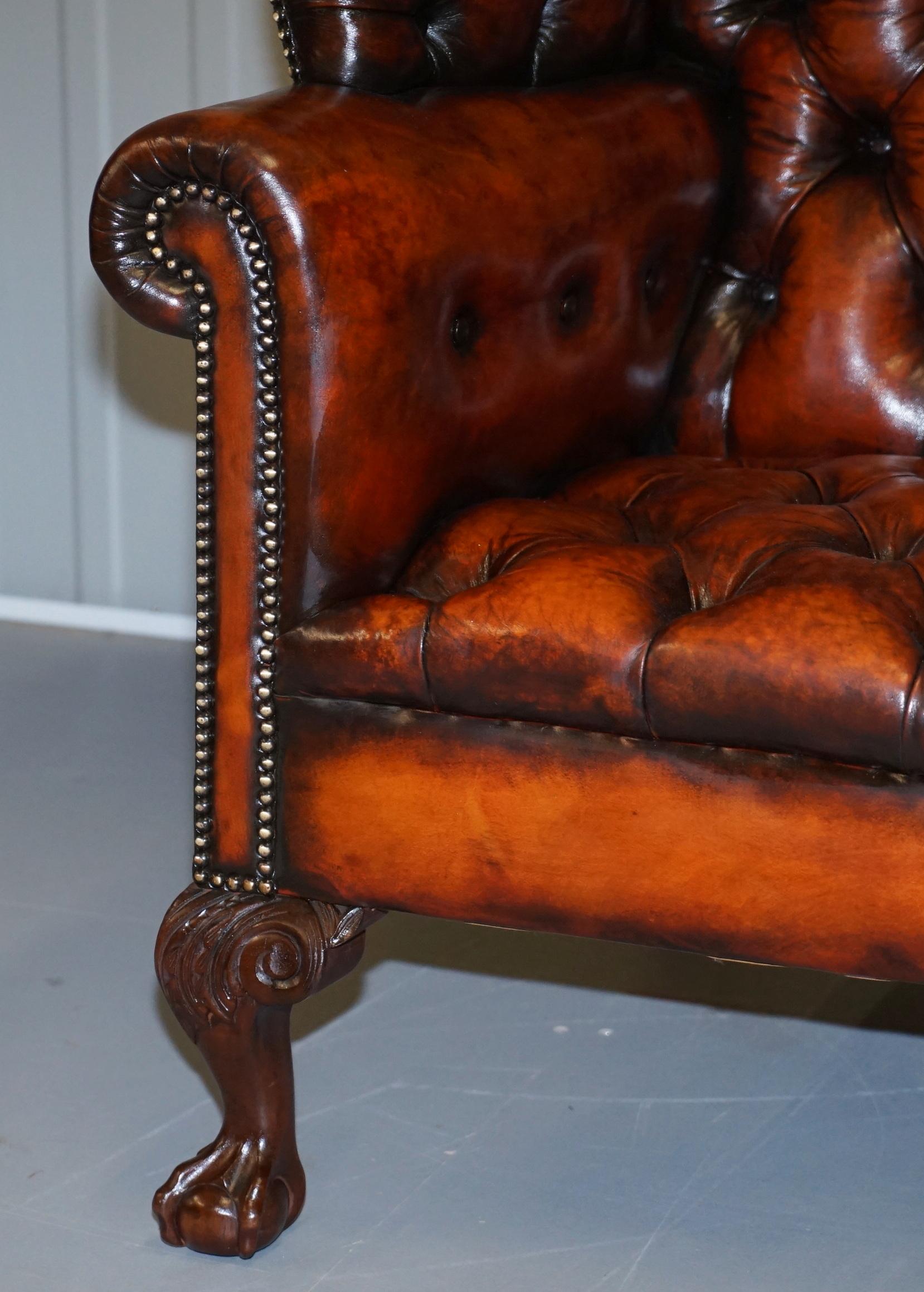 Hand-Crafted Pair of Huge Georgian Chesterfield Brown Leather Wingback Armchairs Claw & Ball