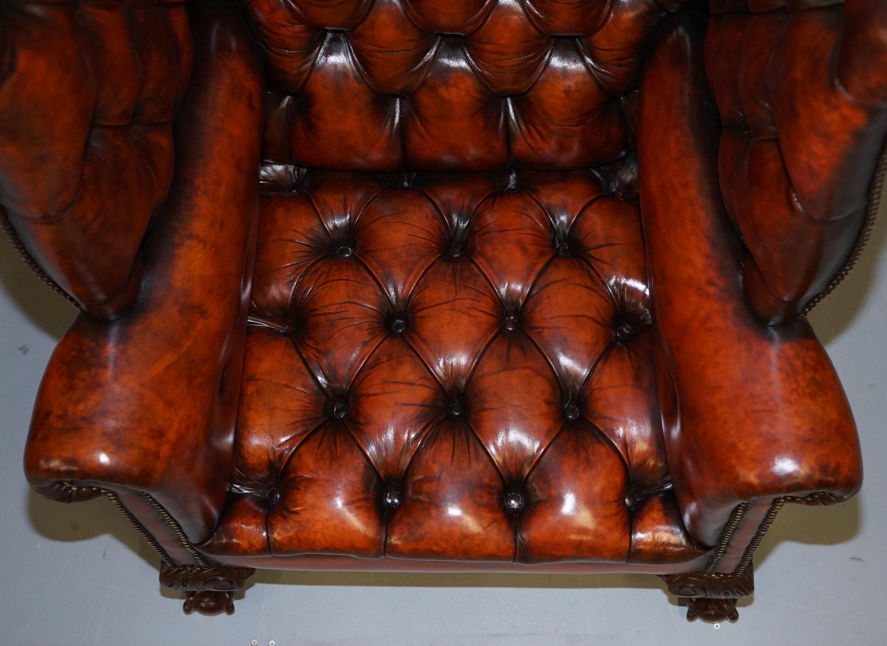Pair of Huge Georgian Chesterfield Brown Leather Wingback Armchairs Claw & Ball 1