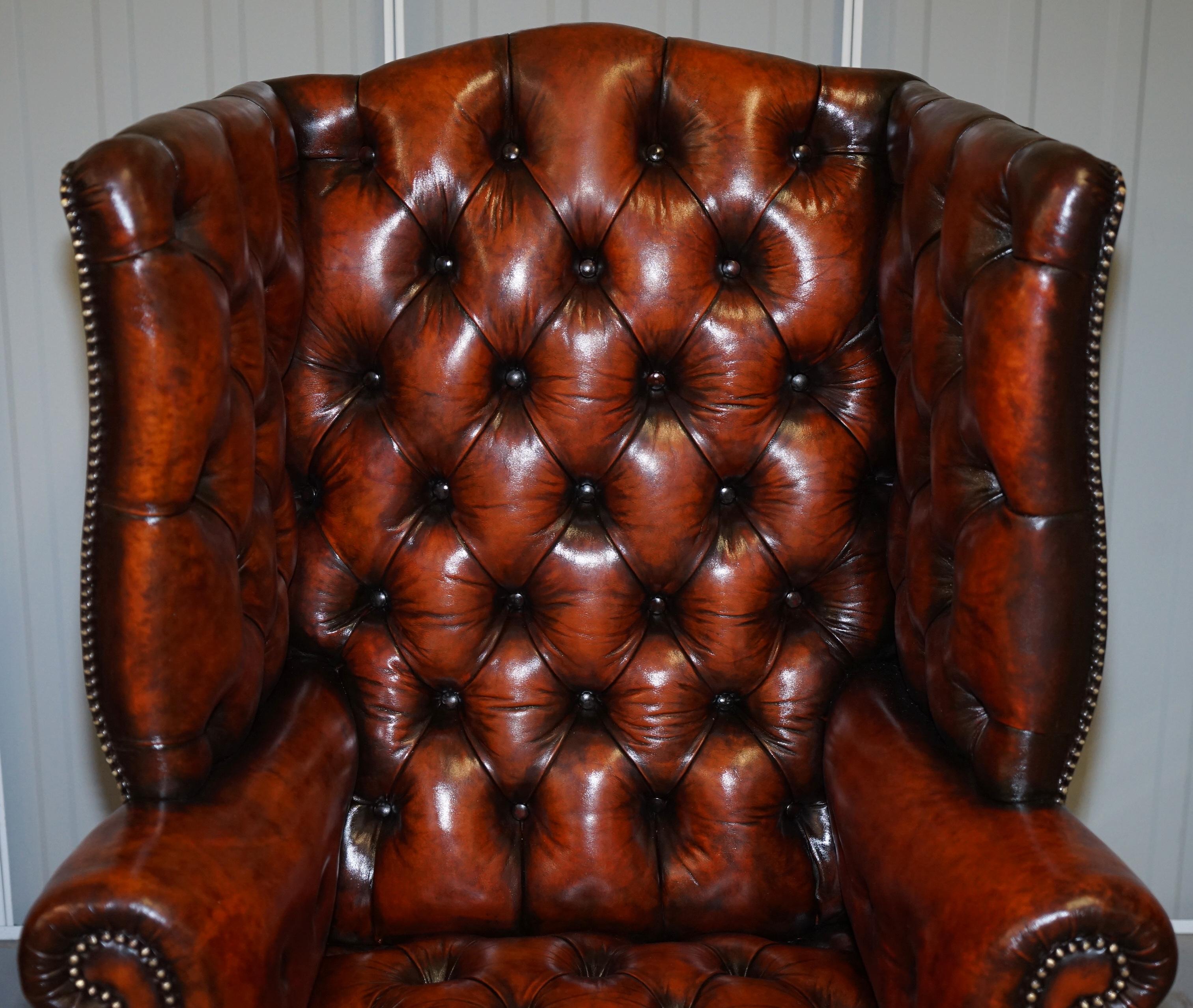 Pair of Huge Georgian Chesterfield Brown Leather Wingback Armchairs Claw & Ball 2