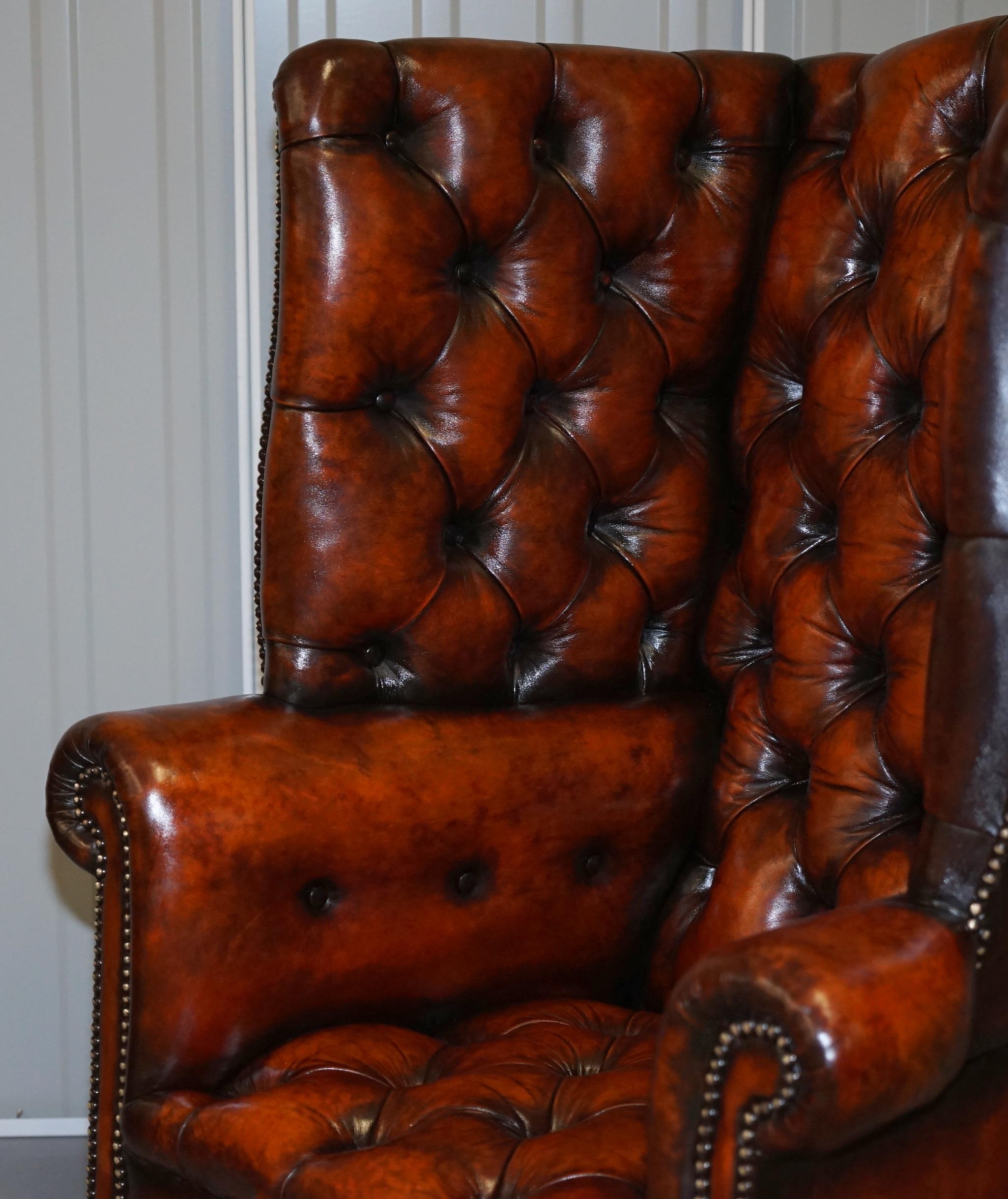Pair of Huge Georgian Chesterfield Brown Leather Wingback Armchairs Claw & Ball 3