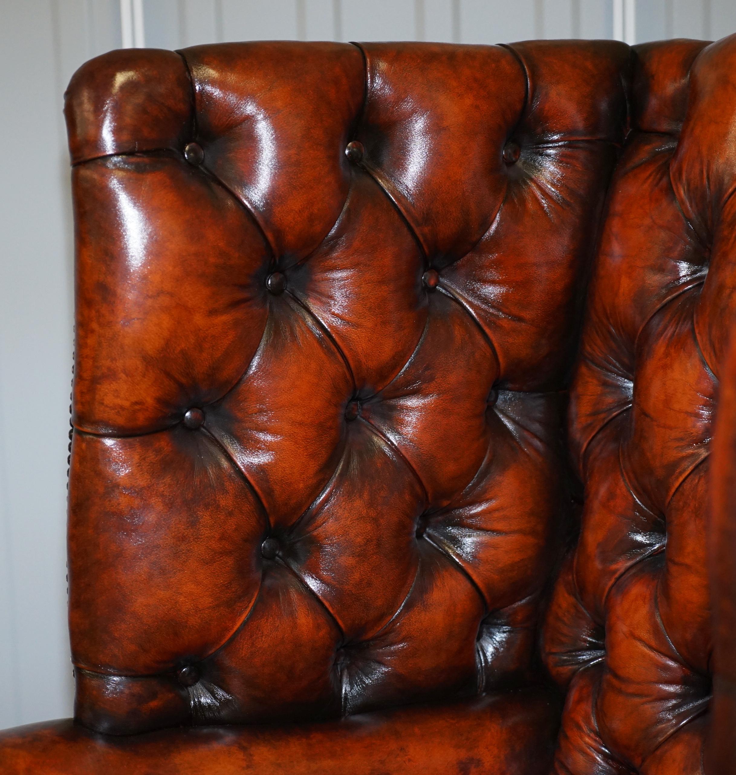 Pair of Huge Georgian Chesterfield Brown Leather Wingback Armchairs Claw & Ball 4