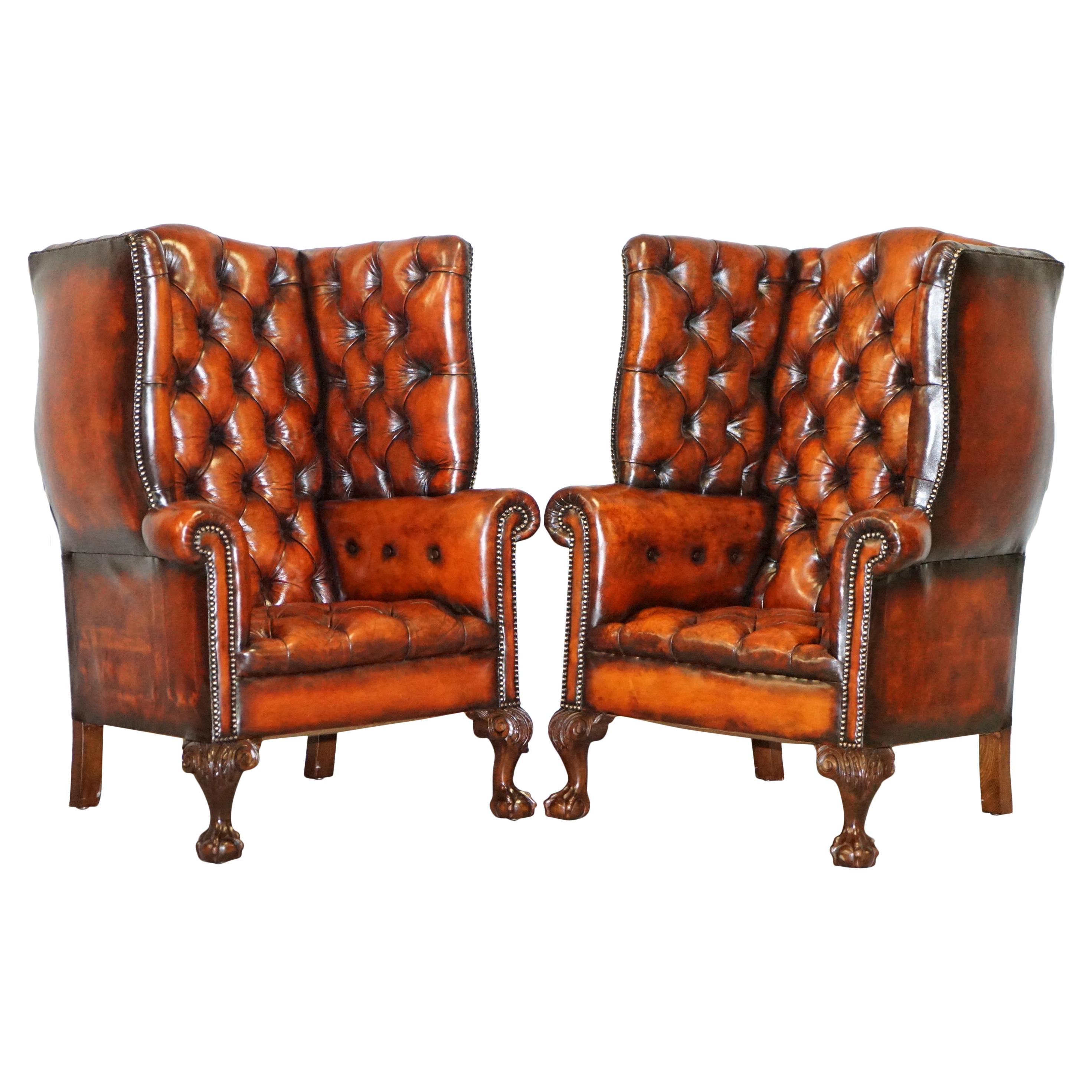 Pair of Huge Georgian Chesterfield Brown Leather Wingback Armchairs Claw & Ball