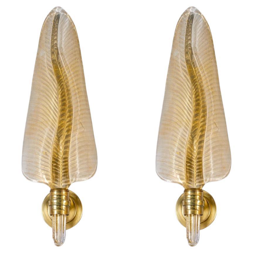 Pair of Huge Gold Murano Glass Leave Sconces by Arredoluce 1950'
