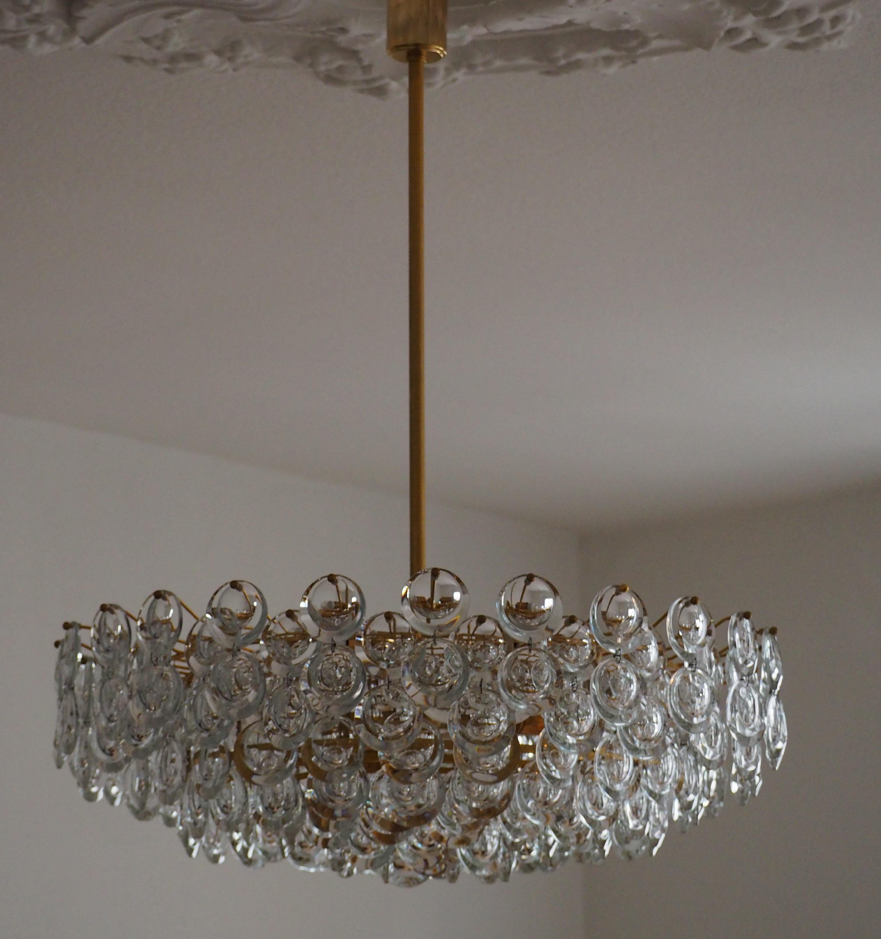 German Pair of Huge Gold-Plated and Cut Glass Chandeliers by Palwa, circa 1960s