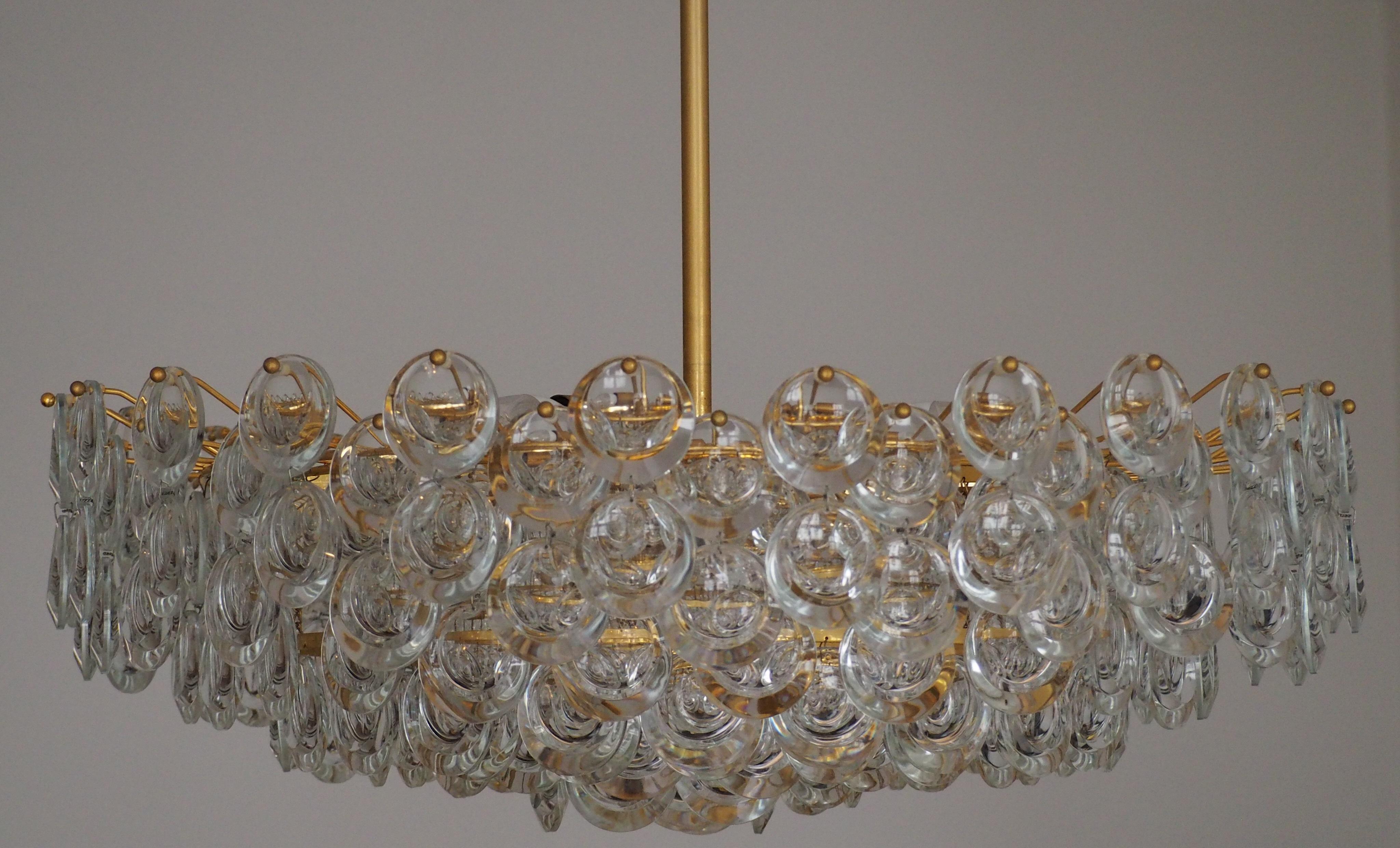 Gilt Pair of Huge Gold-Plated and Cut Glass Chandeliers by Palwa, circa 1960s