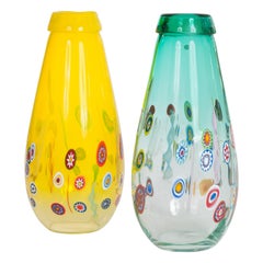Pair of Huge Green and Yellow Murano Glass Murrinen Vases by Stefano Toso 1970s