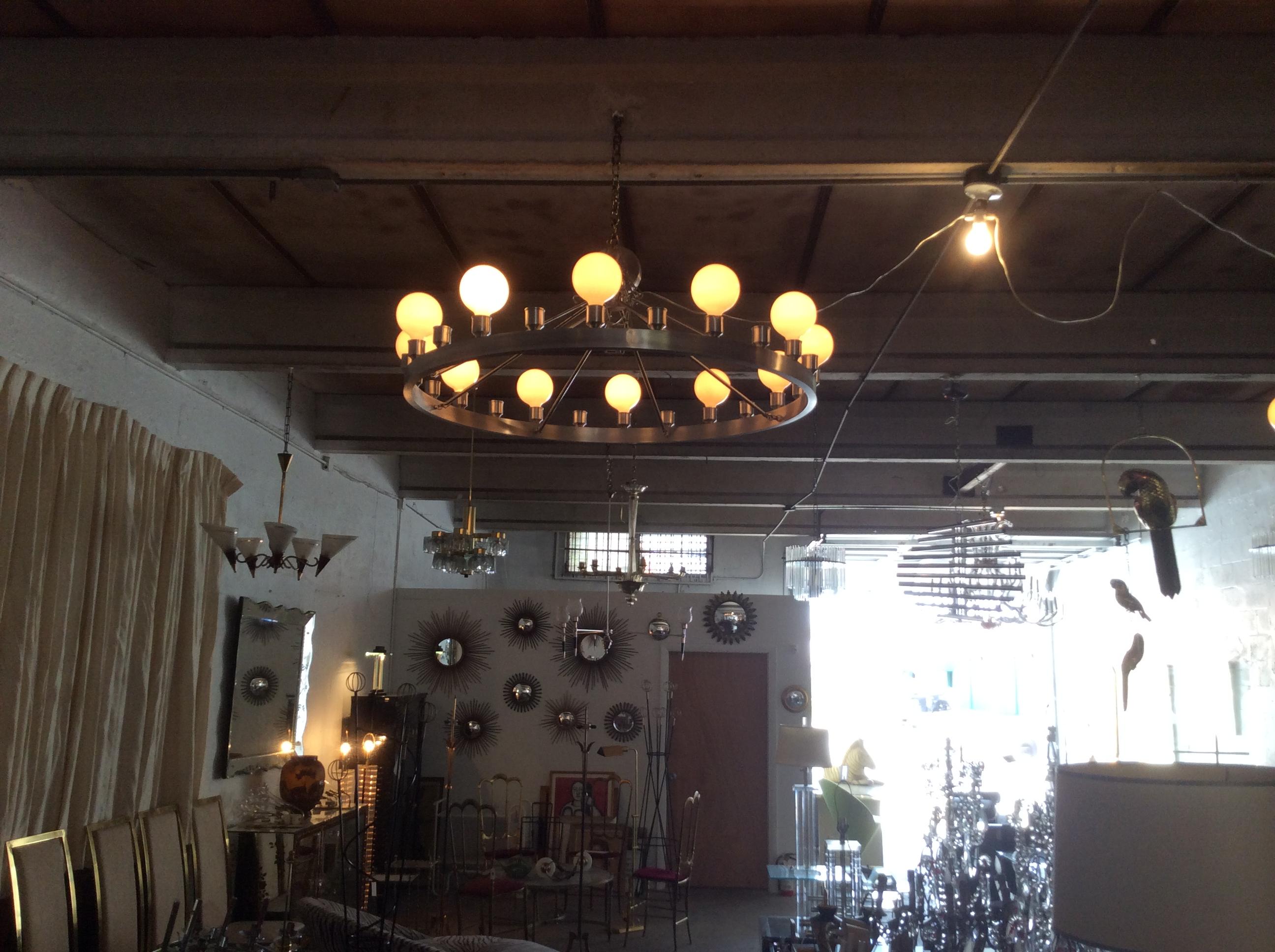 Pair of Huge Industrial 24 Light Chandeliers In Fair Condition For Sale In Miami, FL