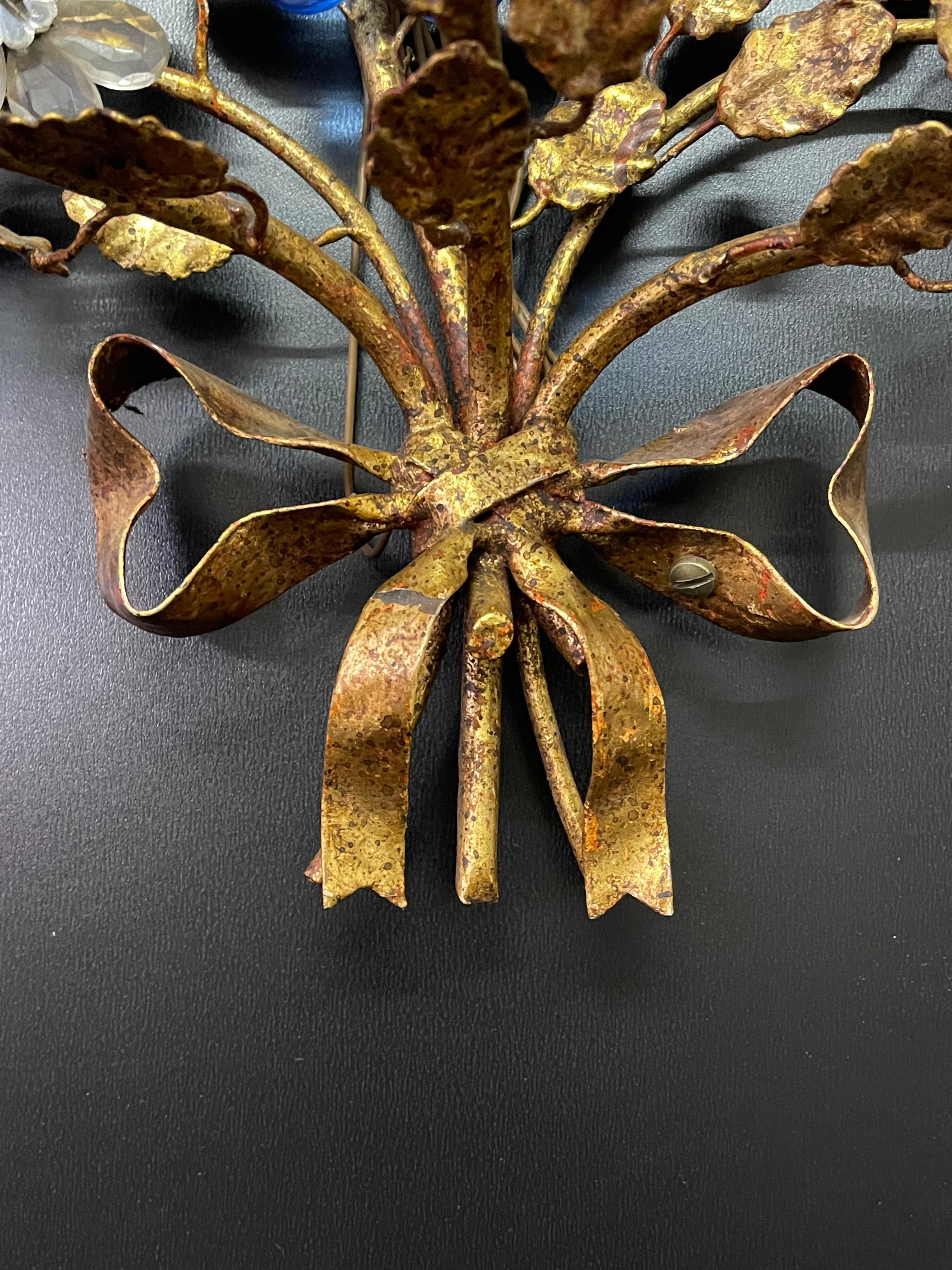 Pair of Huge Italian Gilt Iron and Blue Crystal Flower Wall Sconces, circa 1970s For Sale 5