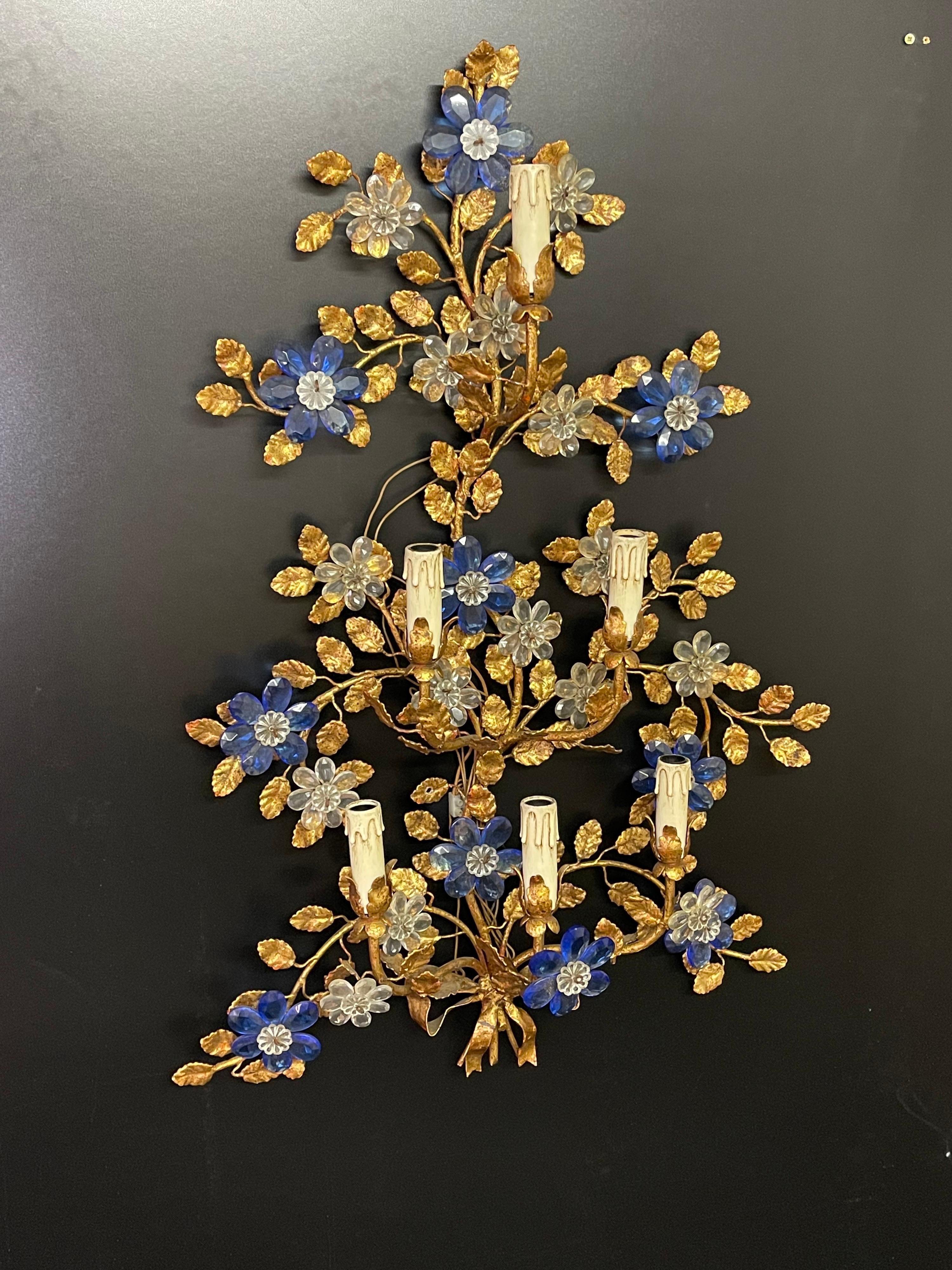 Mid-Century Modern Pair of Huge Italian Gilt Iron and Blue Crystal Flower Wall Sconces, circa 1970s For Sale