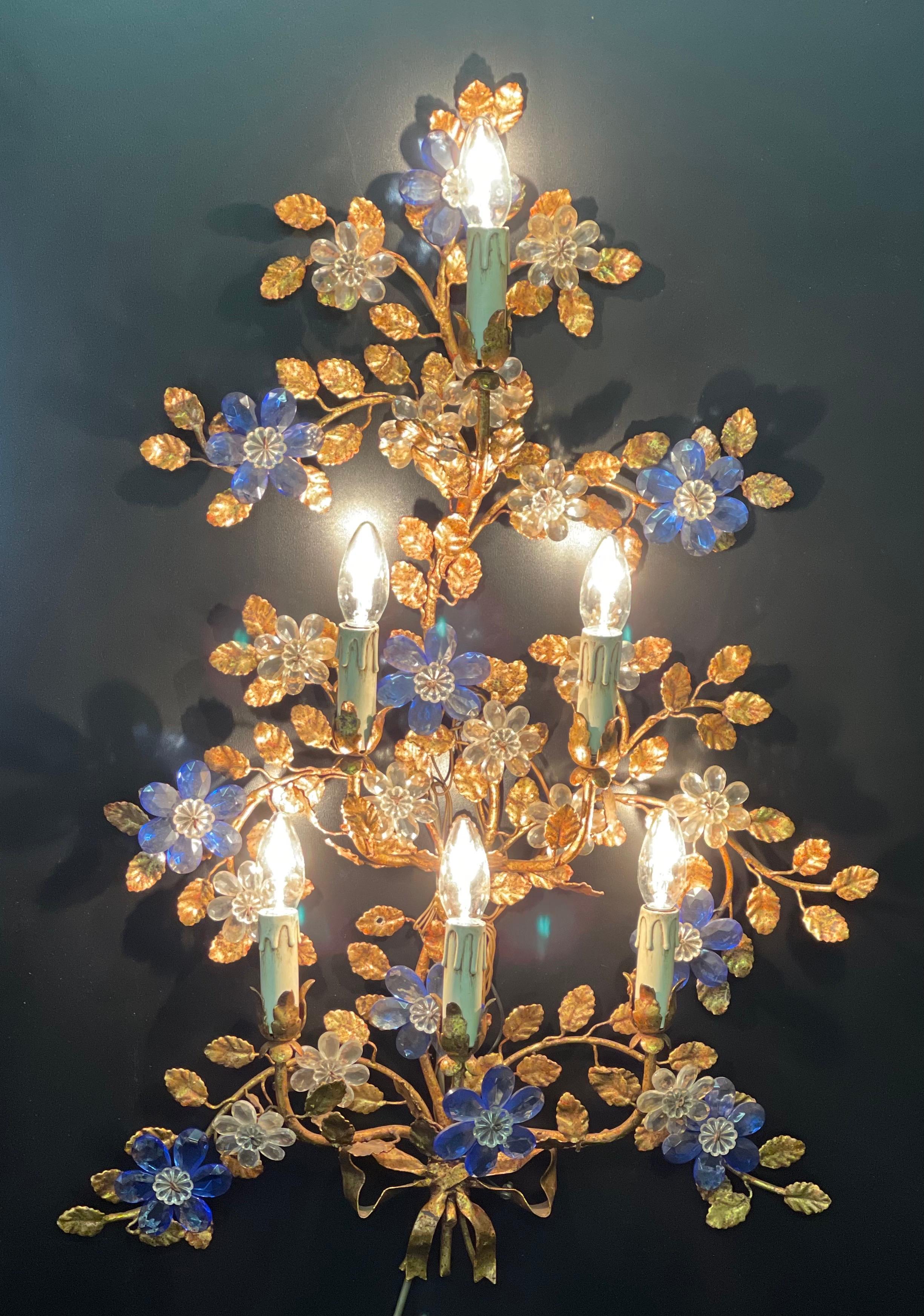 Late 20th Century Pair of Huge Italian Gilt Iron and Blue Crystal Flower Wall Sconces, circa 1970s For Sale