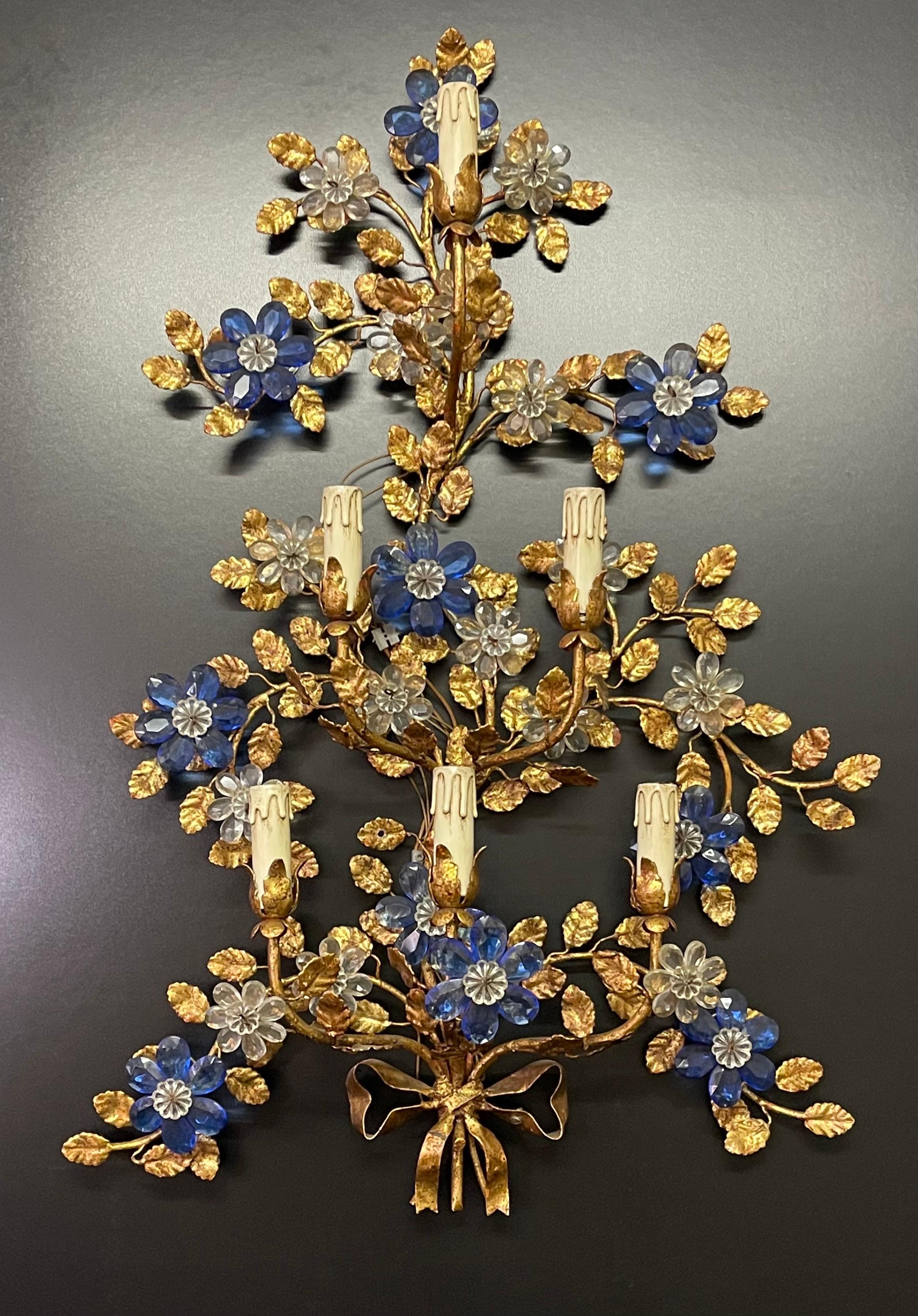 Pair of Huge Italian Gilt Iron and Blue Crystal Flower Wall Sconces, circa 1970s For Sale 1