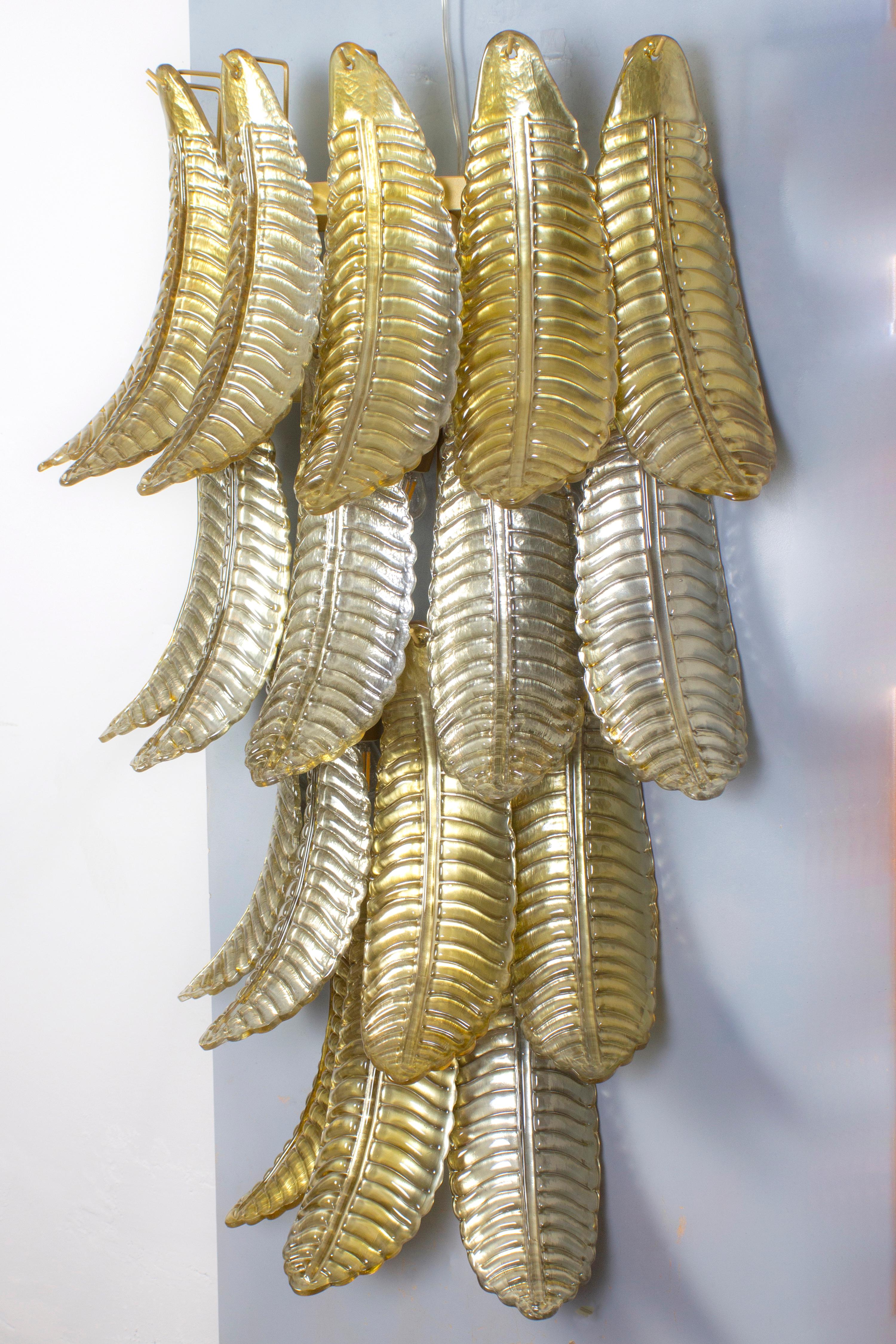 Pair of Huge Italian Gold Ferns Murano Glass Wall Sconces  For Sale 4