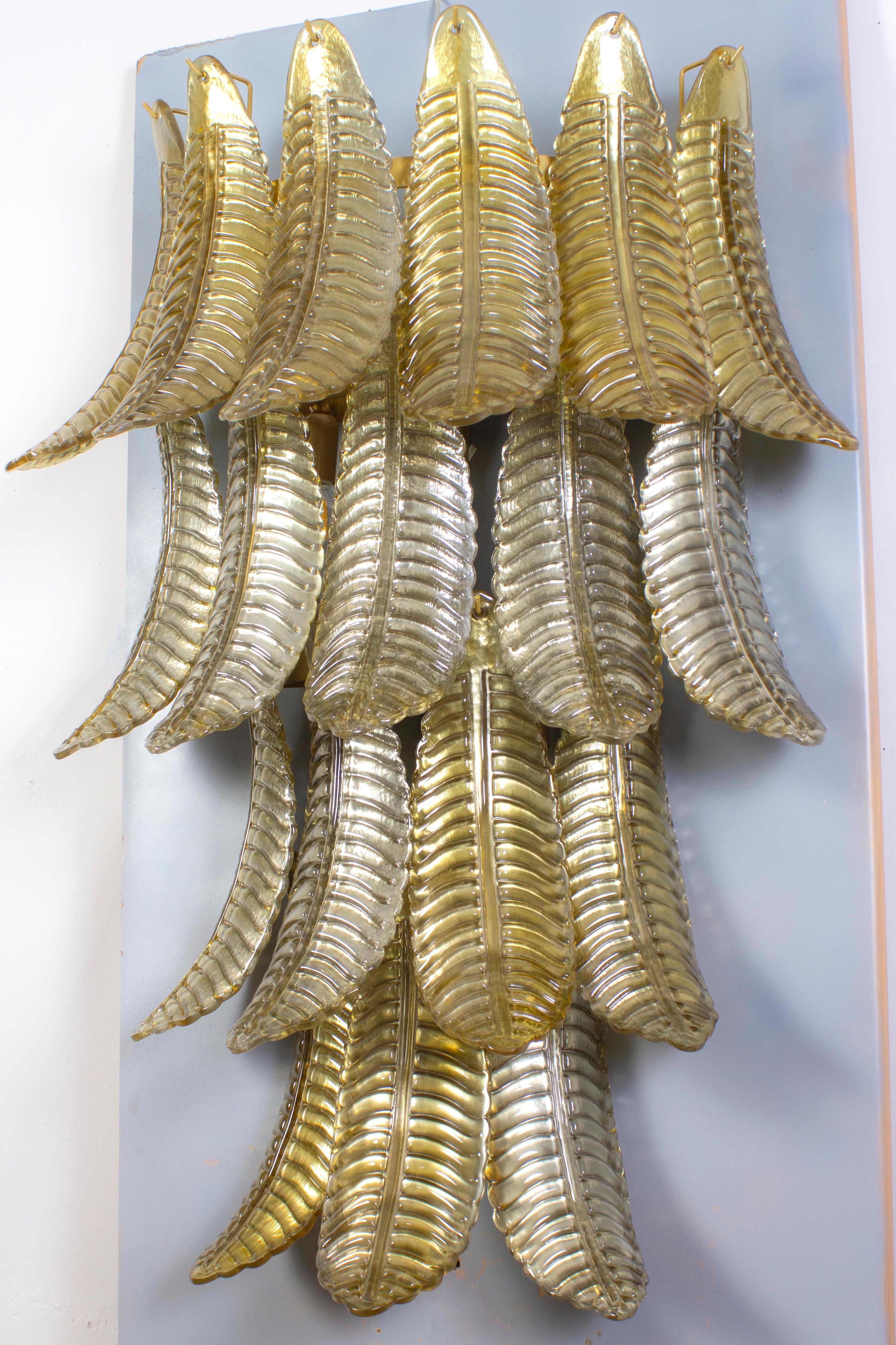 Pair of Huge Italian Gold Ferns Murano Glass Wall Sconces  For Sale 5
