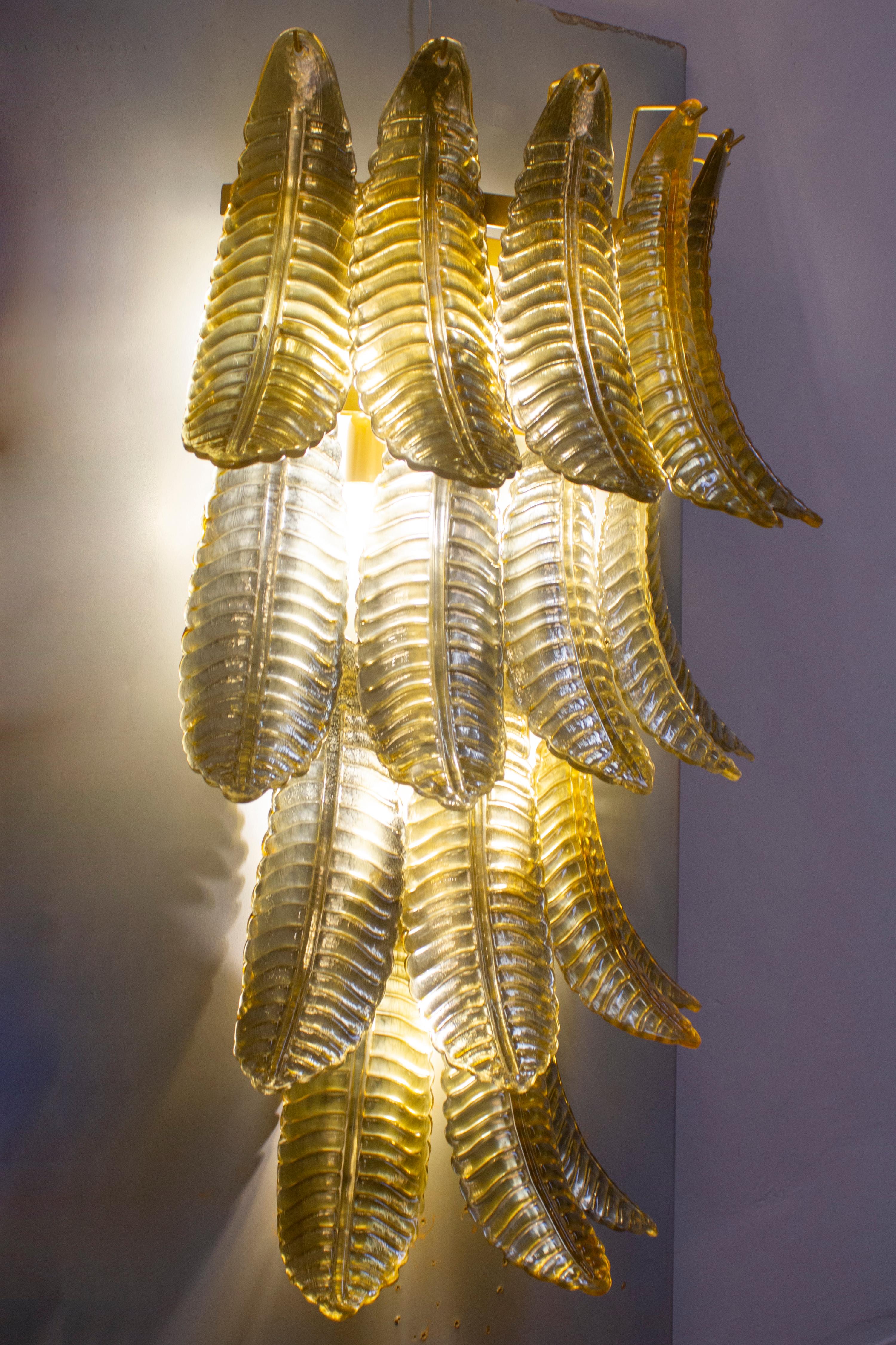 Pair of Huge Italian Gold Ferns Murano Glass Wall Sconces  For Sale 7