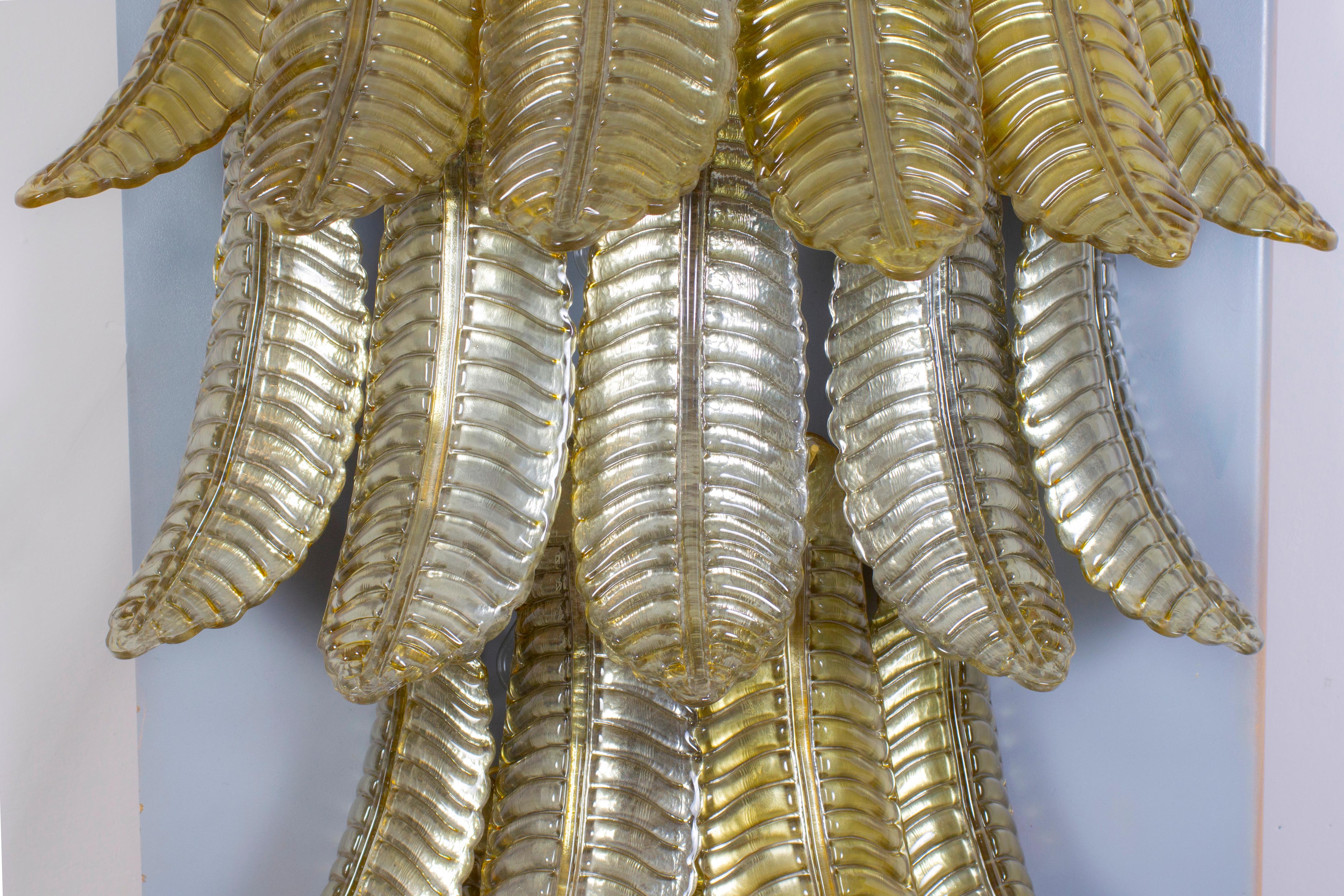 Pair of Huge Italian Gold Ferns Murano Glass Wall Sconces  For Sale 8