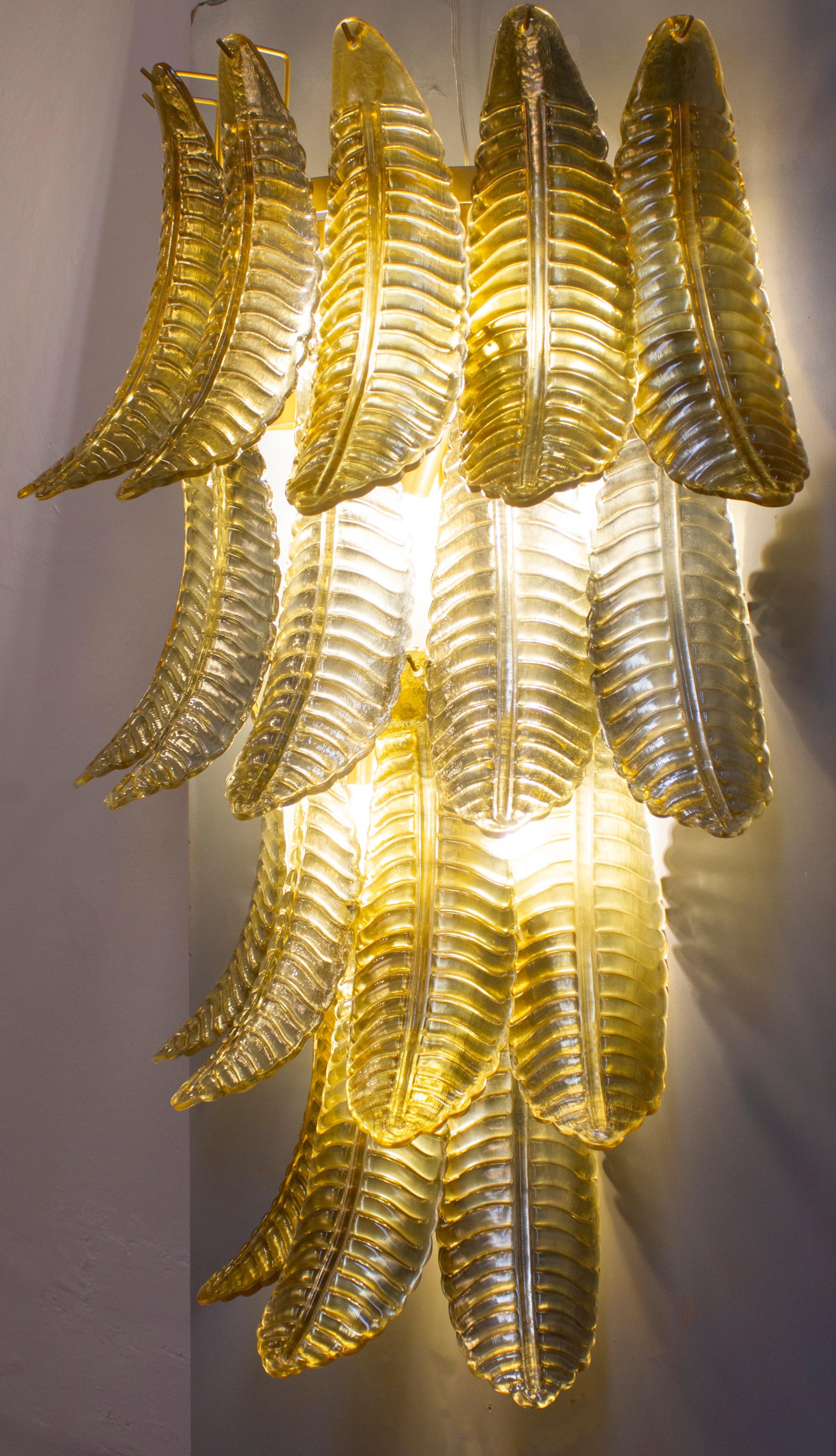 Pair of Huge Italian Gold Ferns Murano Glass Wall Sconces  For Sale 9