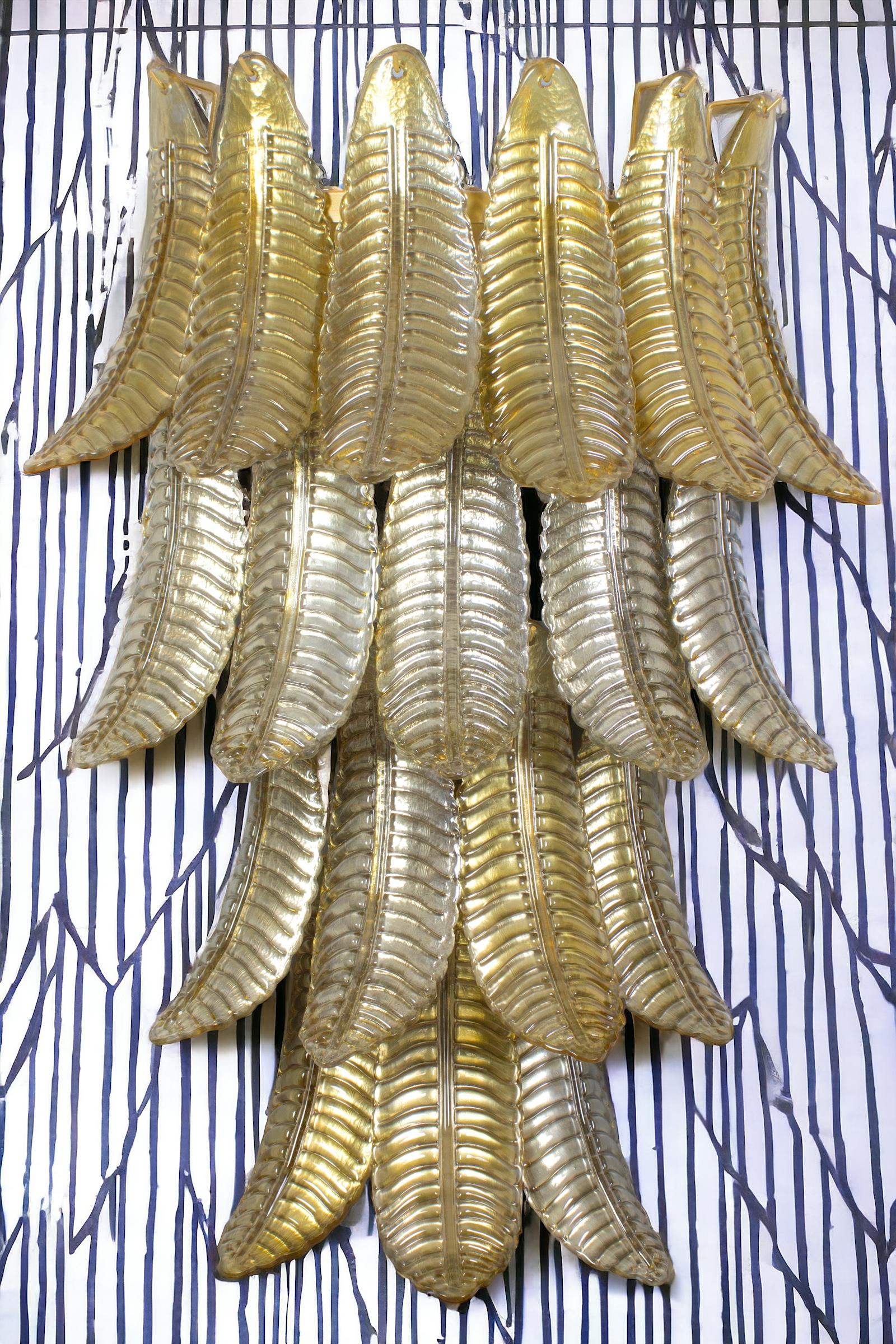 Brass Pair of Huge Italian Gold Ferns Murano Glass Wall Sconces  For Sale