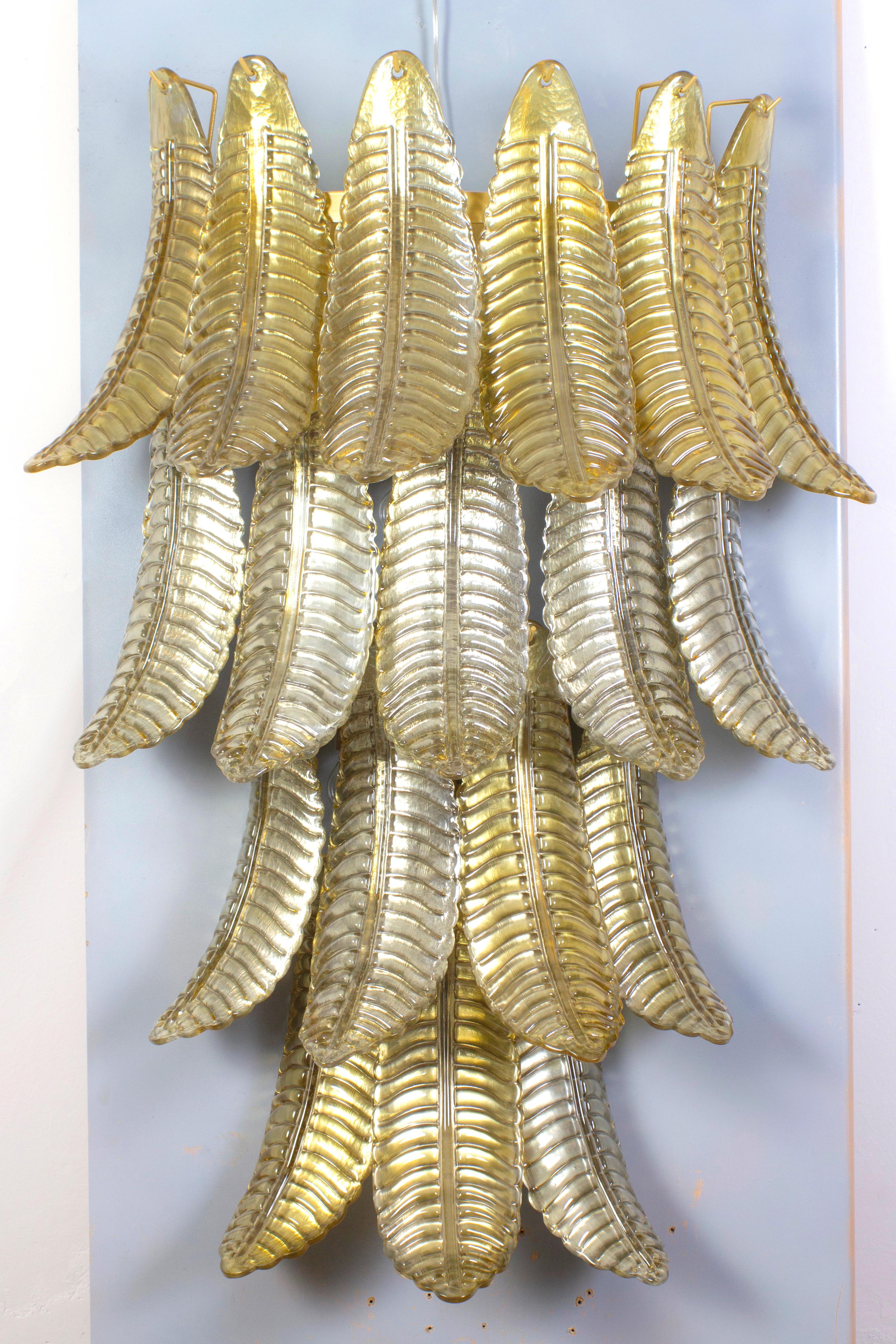 Pair of Huge Italian Gold Ferns Murano Glass Wall Sconces  For Sale 1