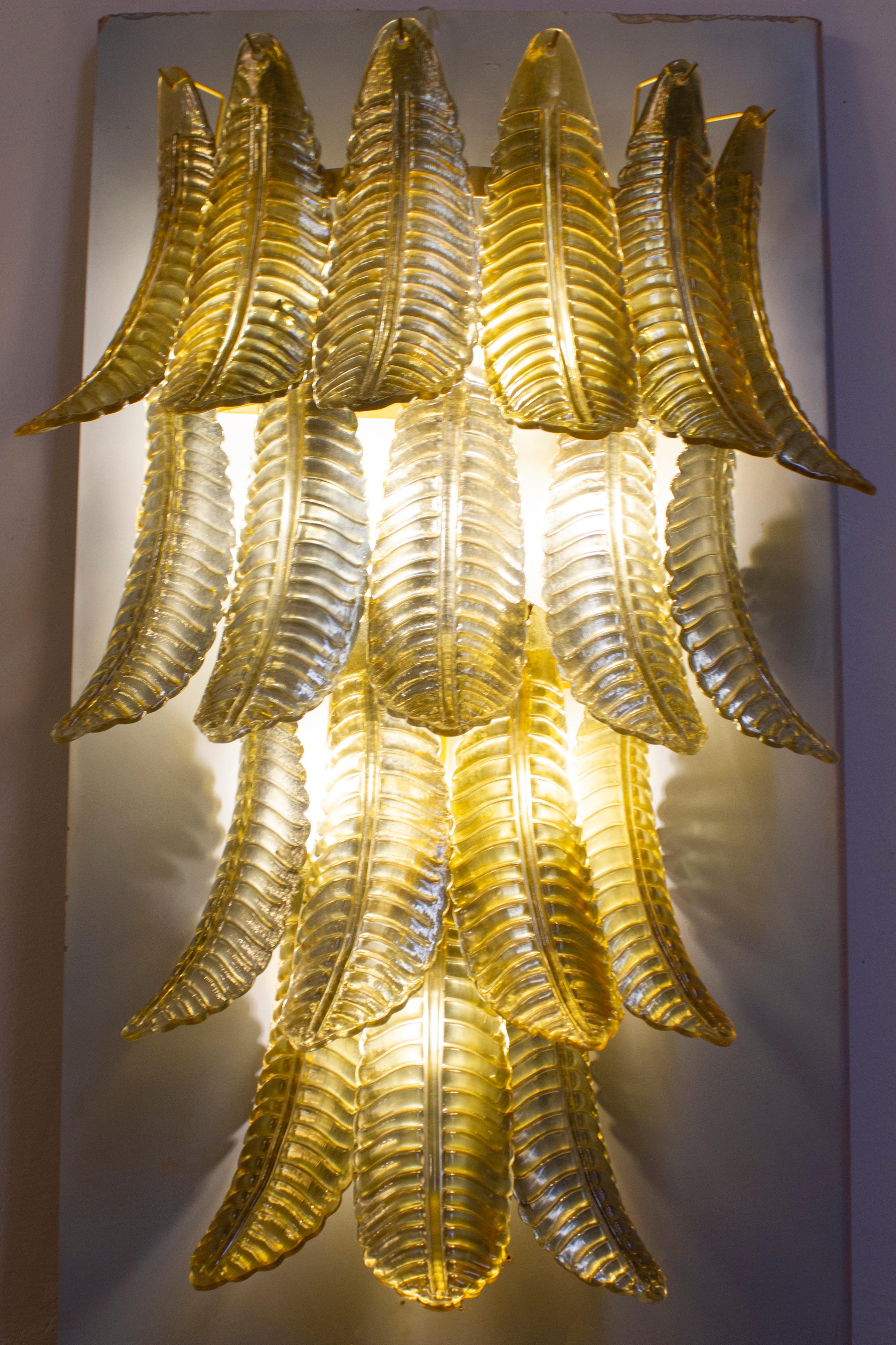 Pair of Huge Italian Gold Ferns Murano Glass Wall Sconces  For Sale 2