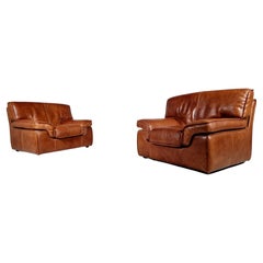 Pair of Huge Italian Lounge Chairs in Cognac Buffalo Leather, 1970s