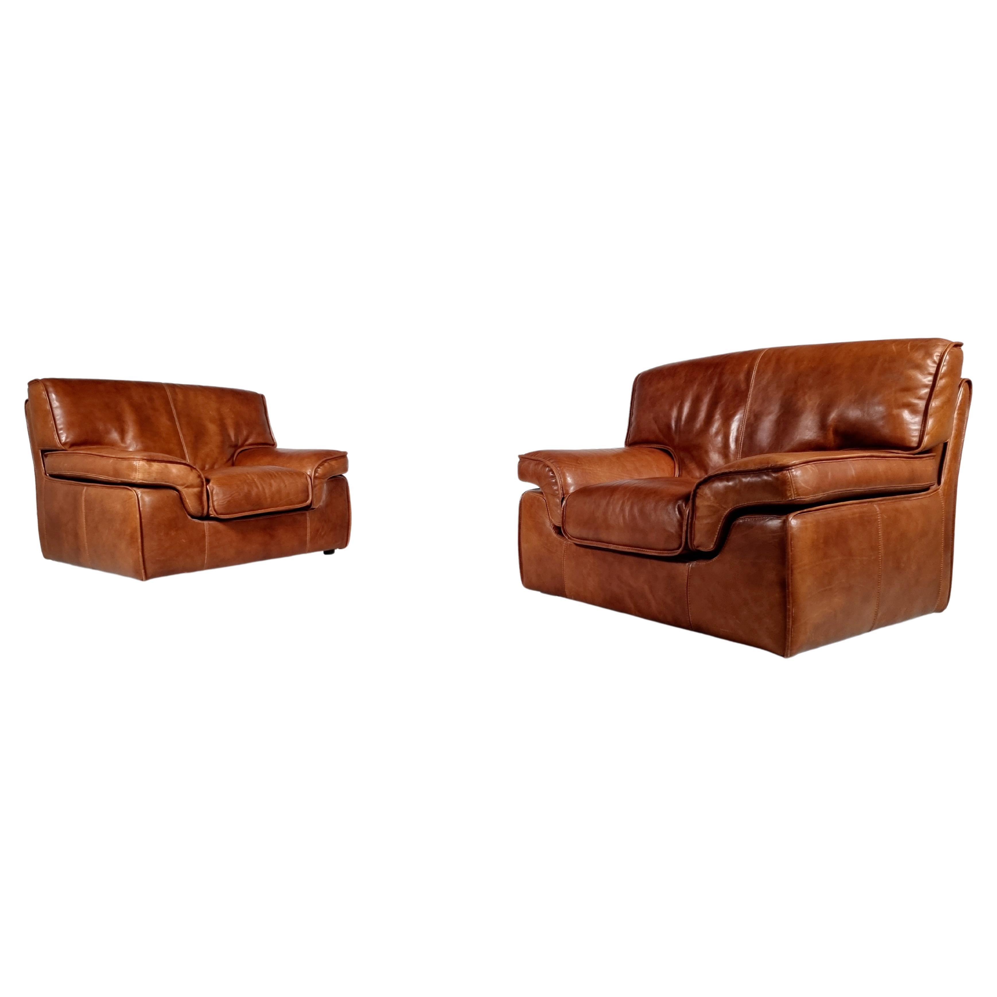 Pair of Huge Italian Lounge Chairs in Cognac Buffalo Leather, 1970s For Sale
