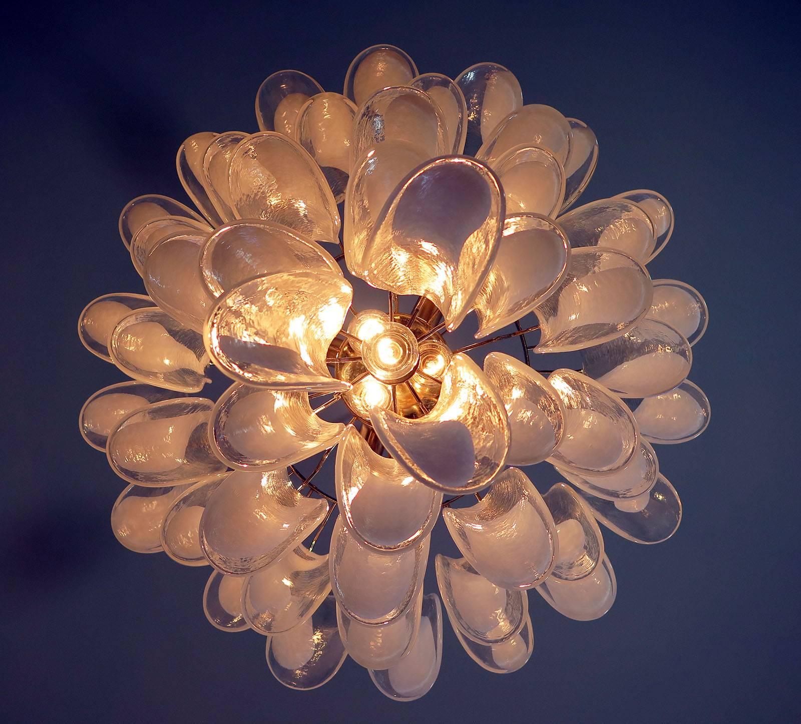 Pair of Huge Italian Vintage Murano Chandelier Made by 52 Glass Petals, 1970s For Sale 1