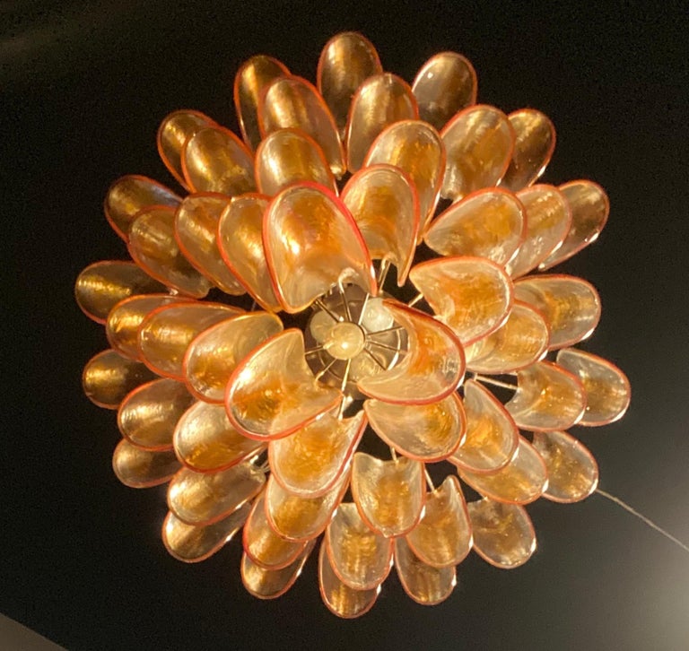 Pair of Huge Italian Vintage Murano Chandelier with Amber Glass Petals, 1970s For Sale 4