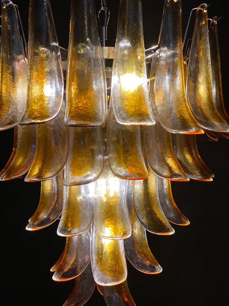 Mid-Century Modern Pair of Huge Italian Vintage Murano Chandelier with Amber Glass Petals, 1970s For Sale