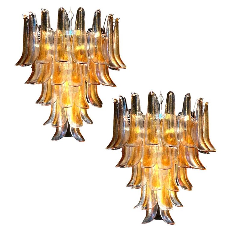 Pair of Huge Italian Vintage Murano Chandelier with Amber Glass Petals, 1970s For Sale