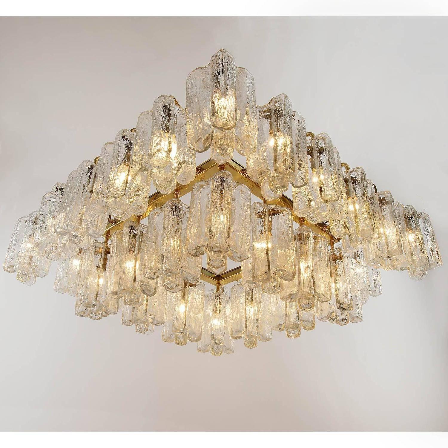 Late 20th Century One of Two Huge Kalmar 'Granada' Chandeliers Flush Mount Lights Brass Glass 1970 For Sale