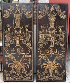 Pair of Huge Maitland Smith Neoclassical Gilded Lacquer Panels W Monkeys & Dogs