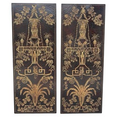 Pair of Huge Maitland Smith Neoclassical Gilded Lacquer Panels W Monkeys & Dogs