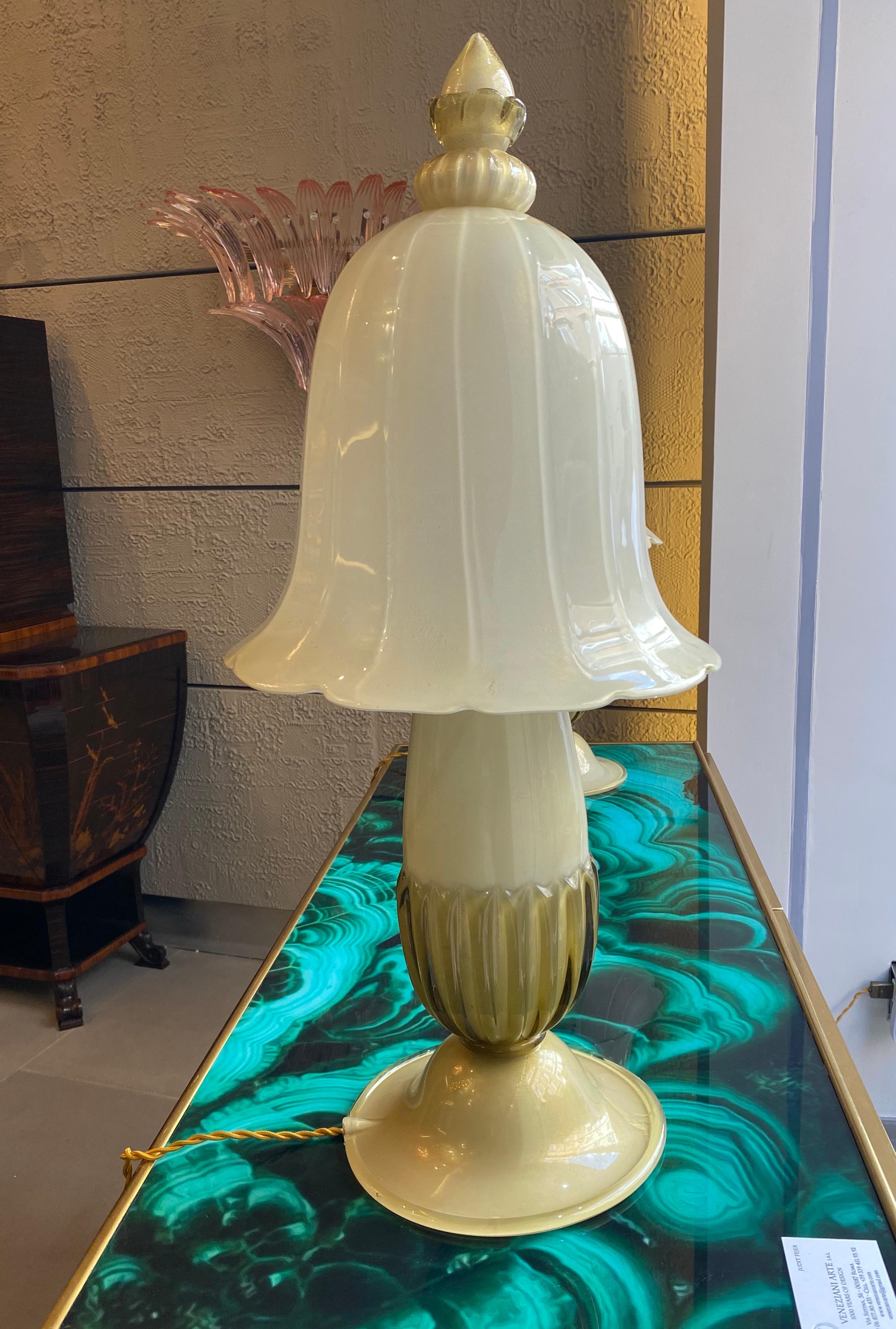 Fantastic Pair of large mid-century ivory color opaline Murano glass table lamps with light green decoration and gold dust inclusion. by Barovier, 1950s.
Perfect original condition .
Each with 3 E14 light bulb.

 