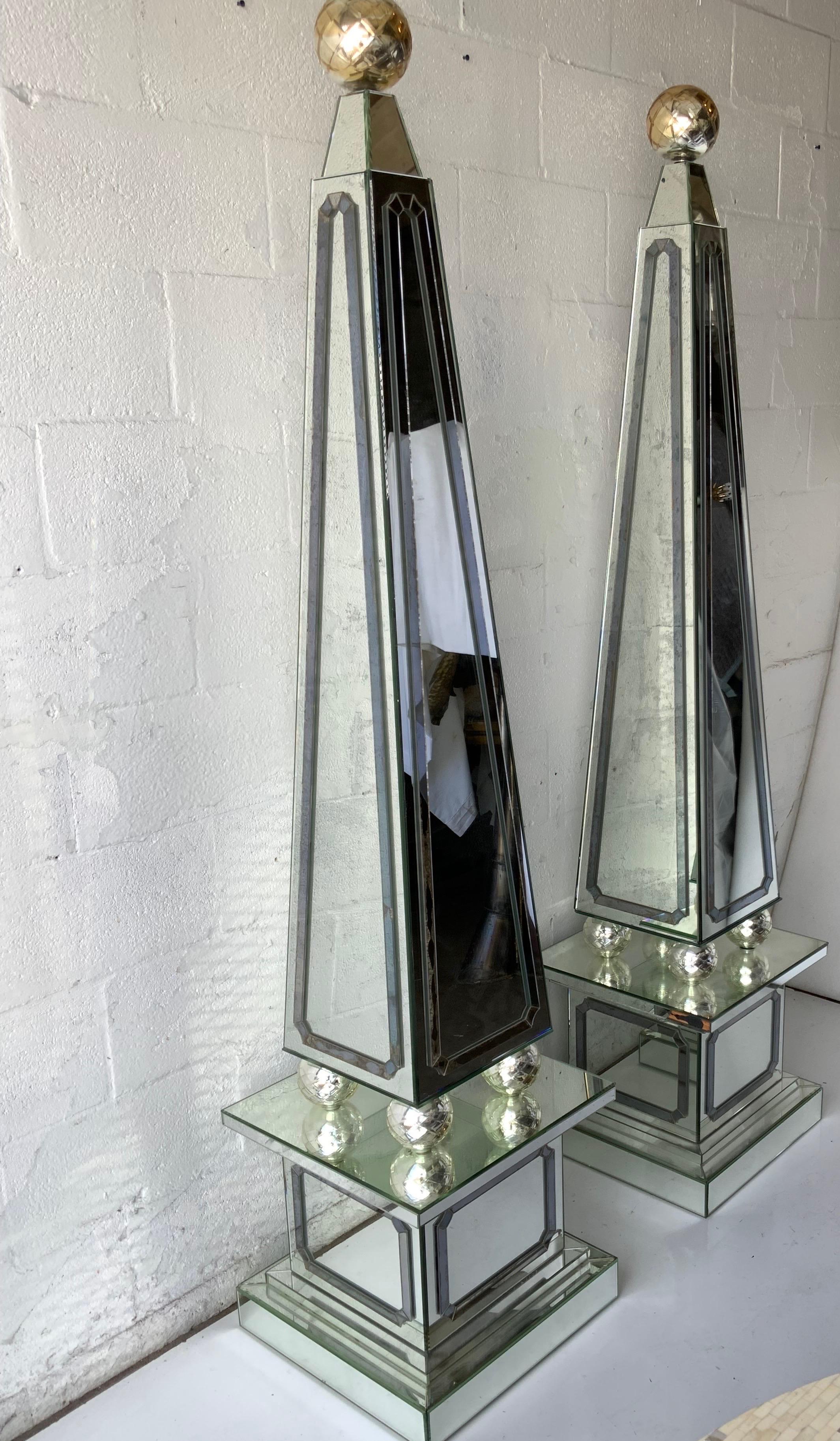 Spectacular pair of huge mirrored obelisks, 2 tone mirror, normal and distressed.