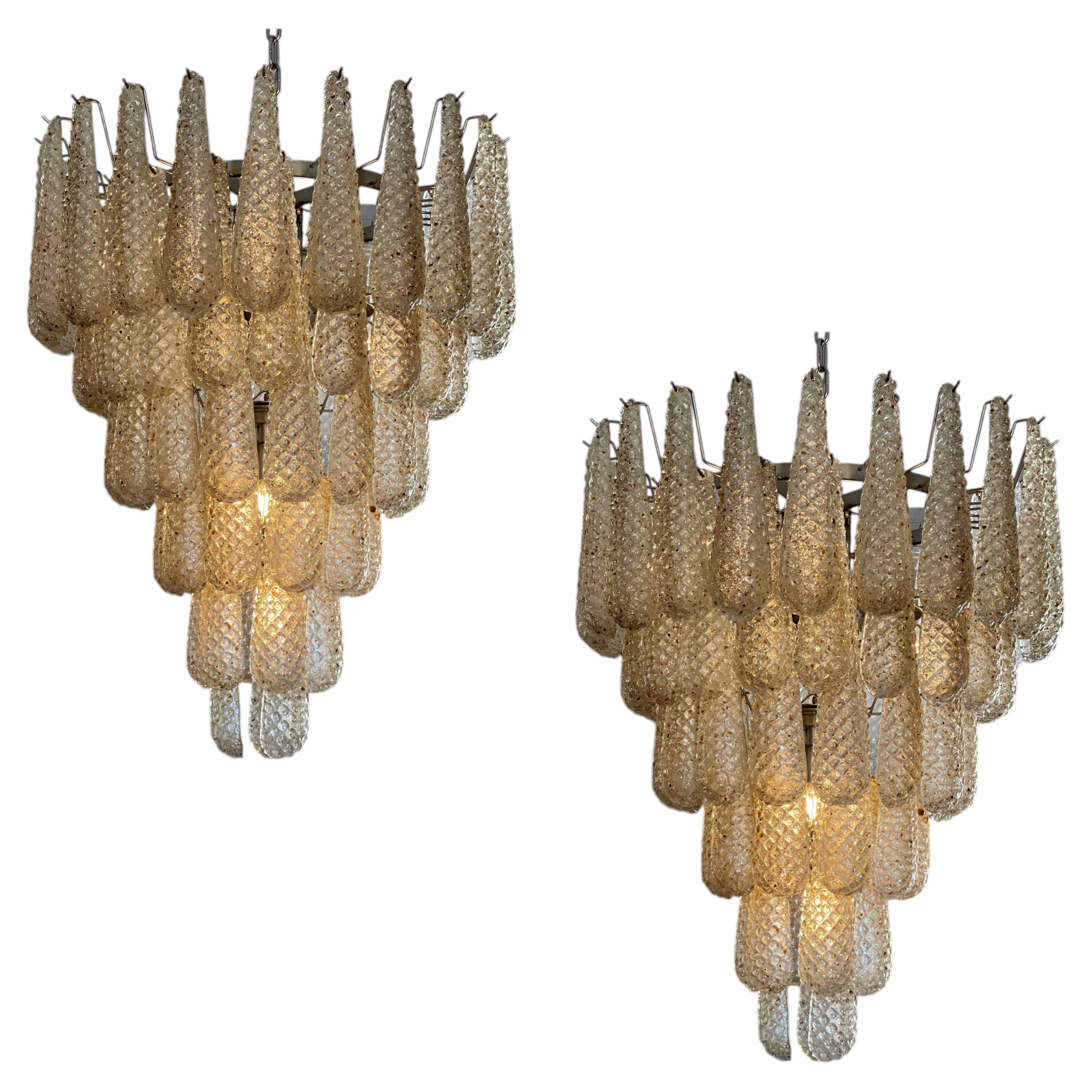 Pair of Huge Murano Chandeliers in amber color. Tronchi in Venini style.