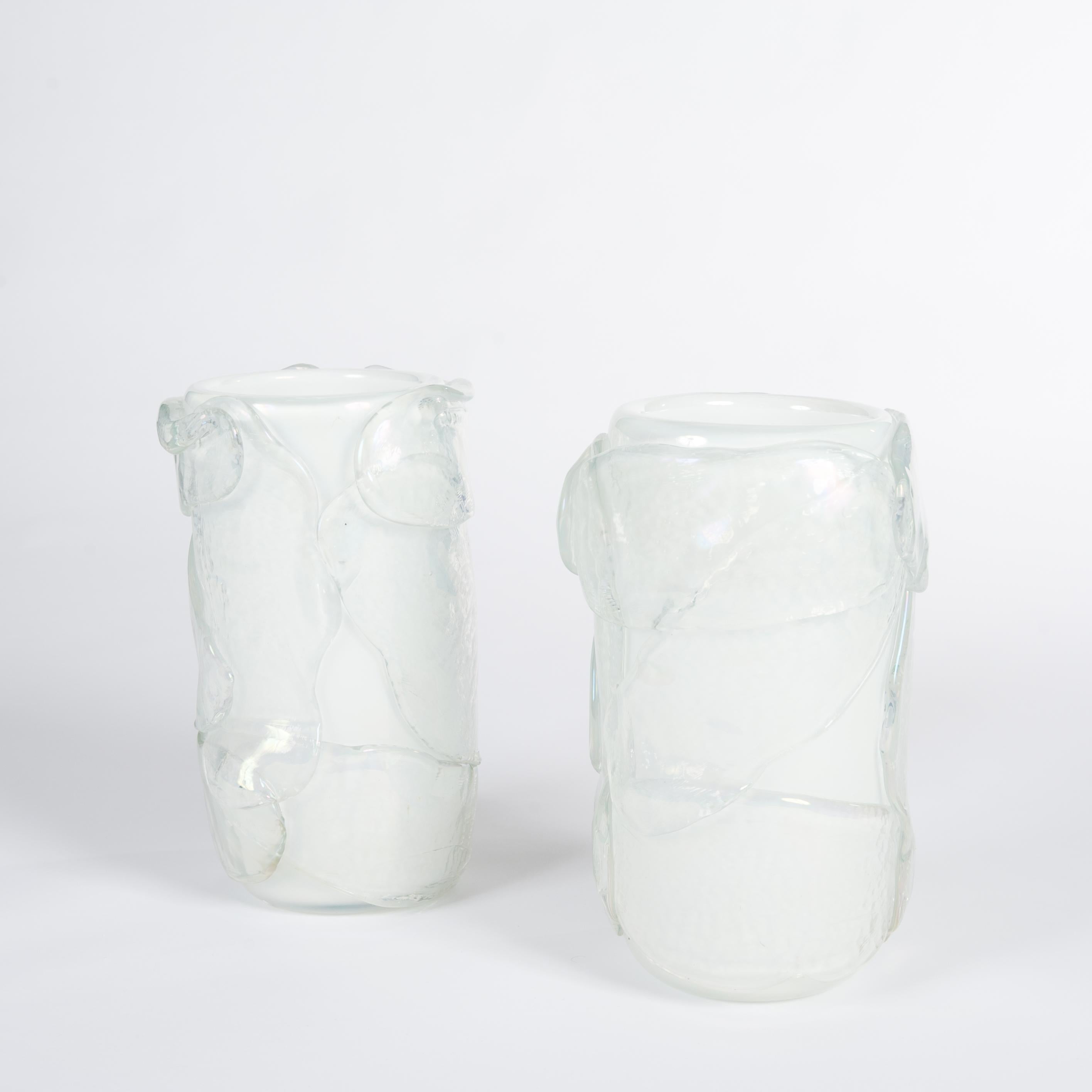 Modern Pair of Huge Murano Glass Vases White-Iridescent Colored with Surreal Impression