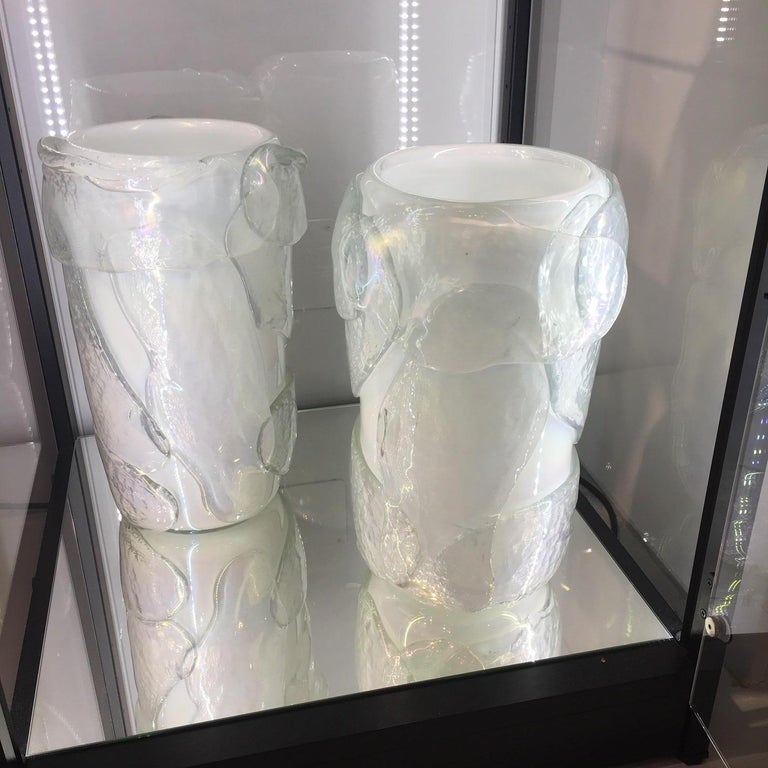 Pair Of Huge Murano Glass Vases White Iridescent Colored With