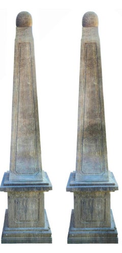 PAIR OF HUGE SANDSTONE PYRAMIDS WITH SPHERE AND BASE early 1900