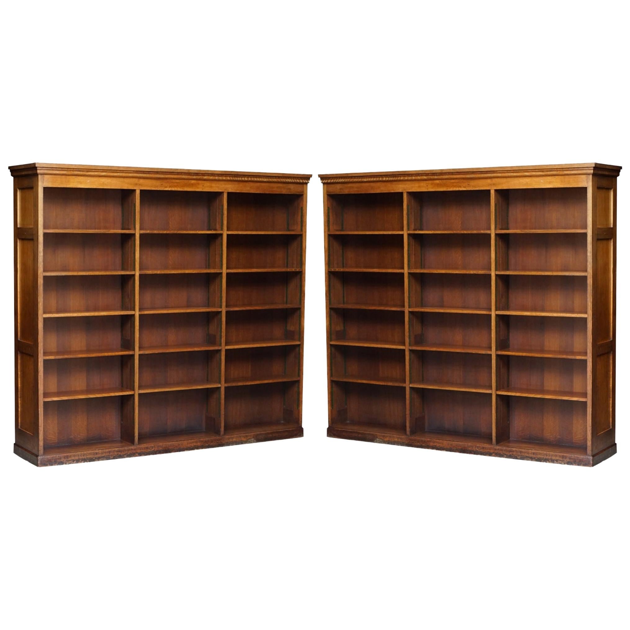 Pair of Huge Solid Oak English circa 1880 Double Sided Library Study Bookcases
