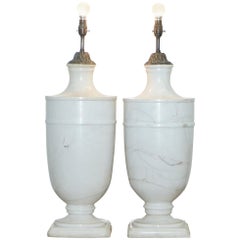 Pair of Huge Tall Solid Italian White Marble Urn Lamps, circa 1920s Rare