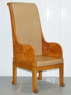 Pair of Huge Vintage Leather Solid Walnut Throne Armchairs Lion Hairy Paw Feet